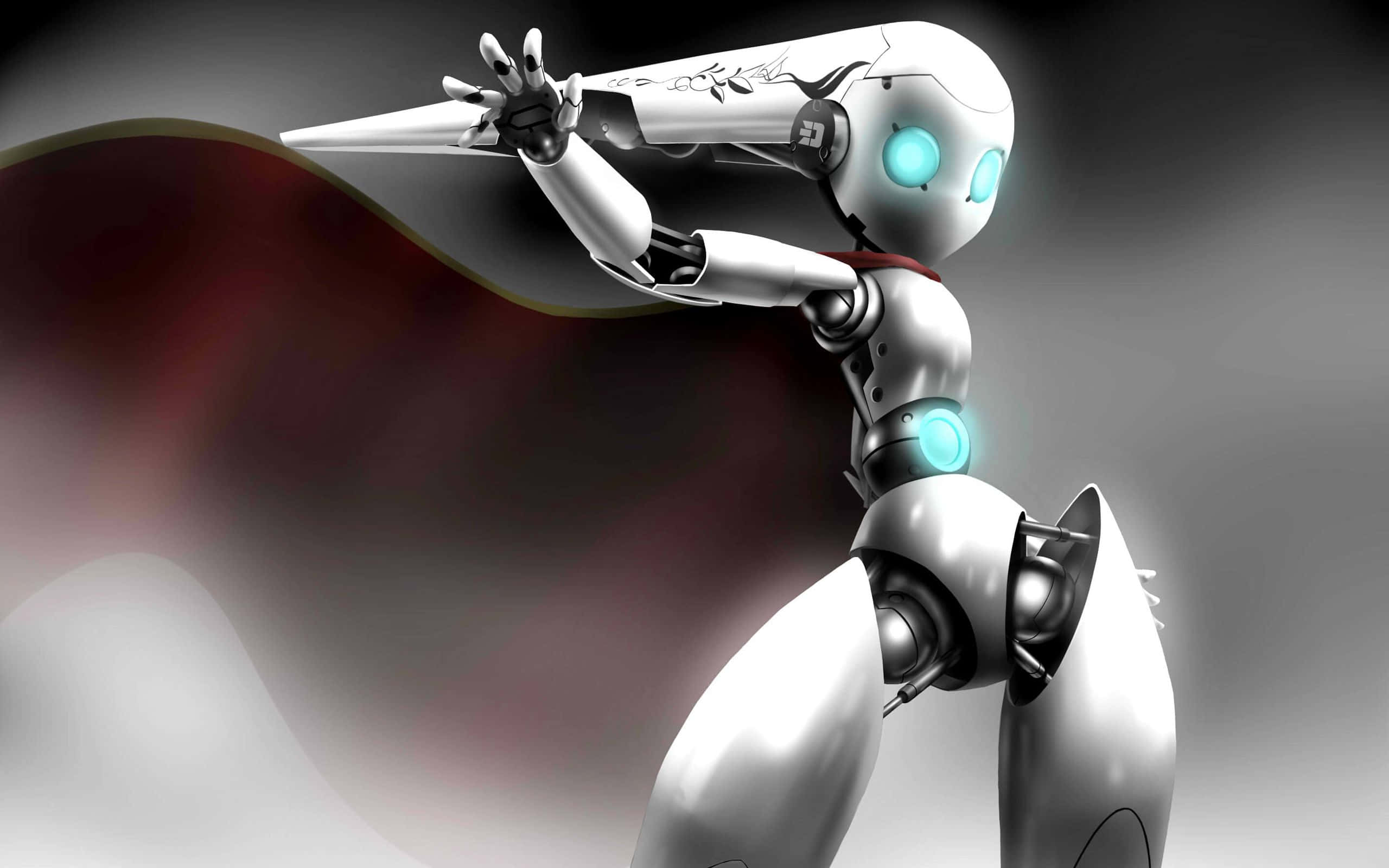 Kawaii Robot 桌布 壁紙 — 一個光滑的銀色機器人，擁有發光的藍色眼睛和飄逸的黑色斗篷，在煙霧繚繞的灰色背景下擺出英雄姿勢。