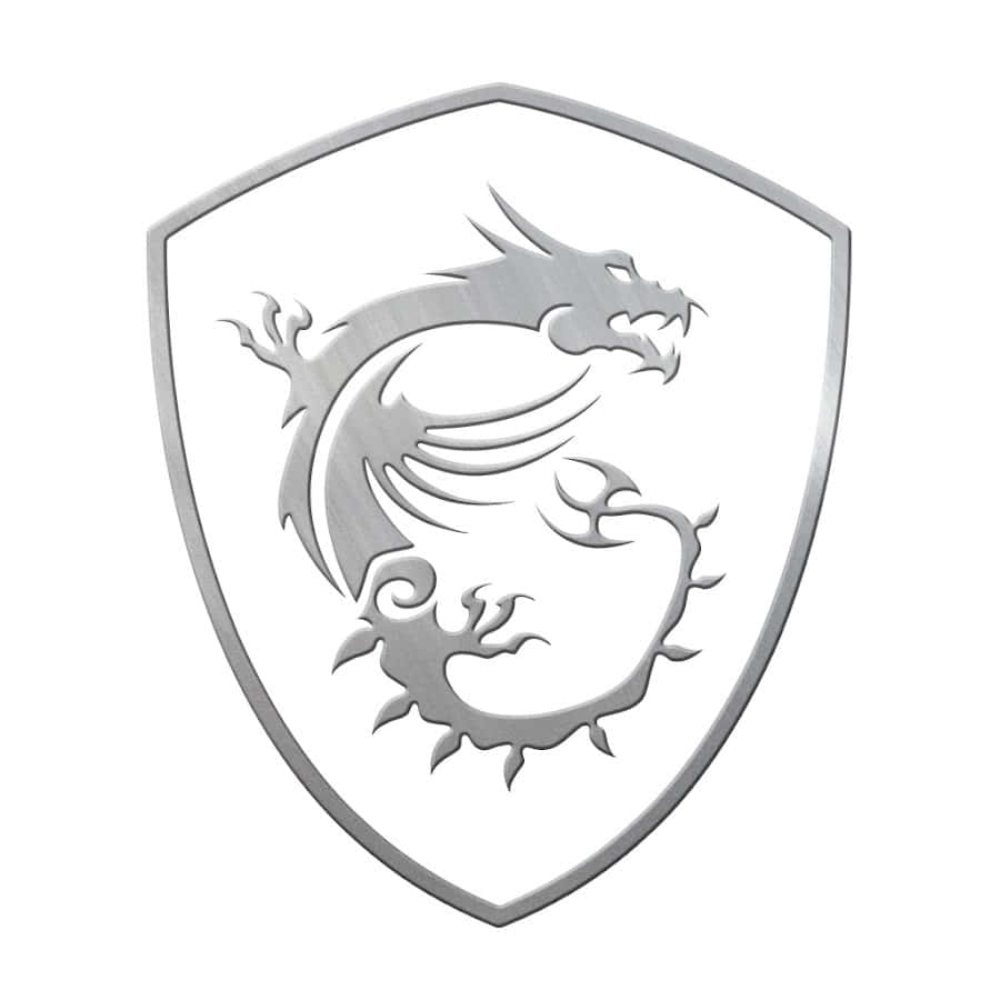 微星 桌布 壁紙 — 一個光滑的銀色龍紋章盤繞在帶有拉絲紋理和鋒利邊緣的金屬盾牌內。