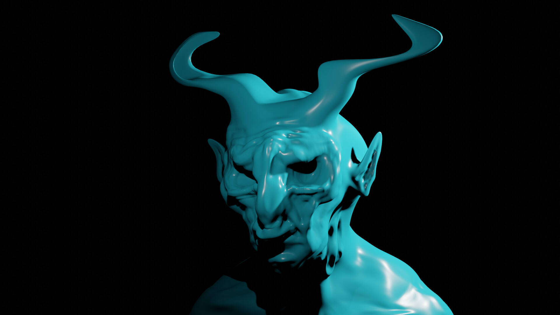 光滑青色3D惡魔半身像，帶彎曲角，黑色背景 — 惡魔動圖 壁紙