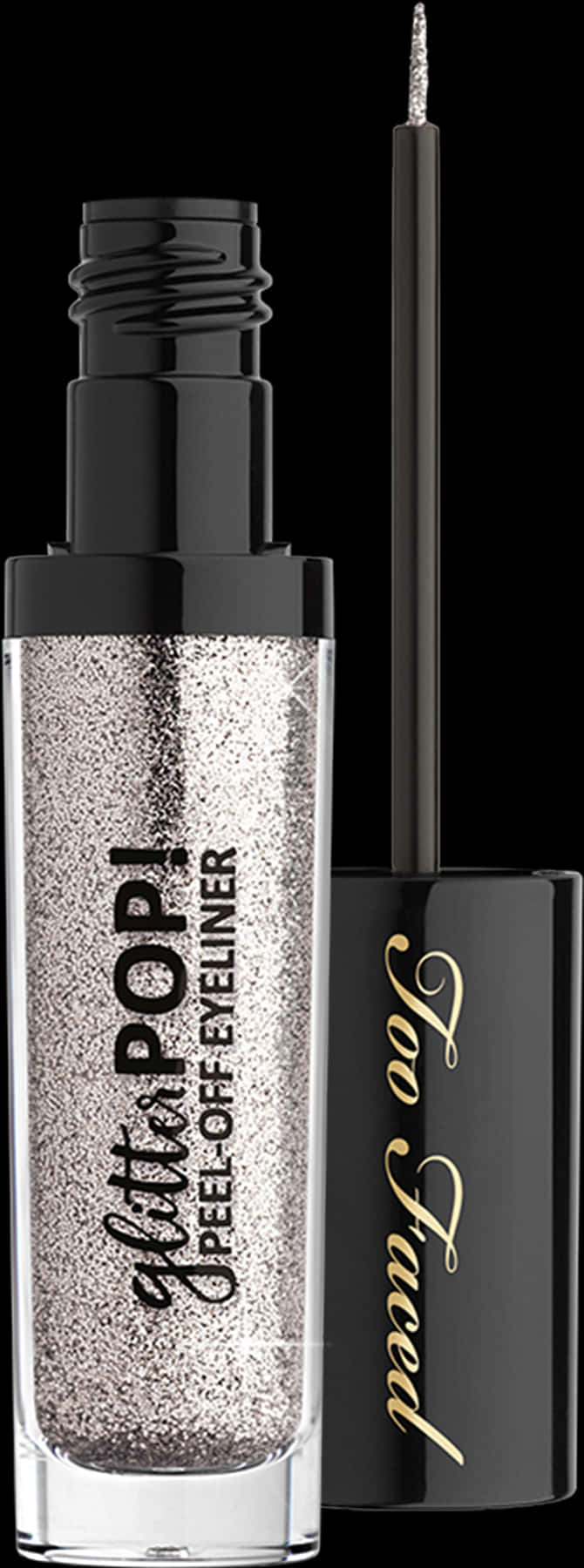 閃爍 桌布 壁紙 — 一個光滑的黑色 Too Faced glitter pop! 剝離式眼線筆瓶，帶有銀色閃粉和精細刷頭，置於深色背景前。