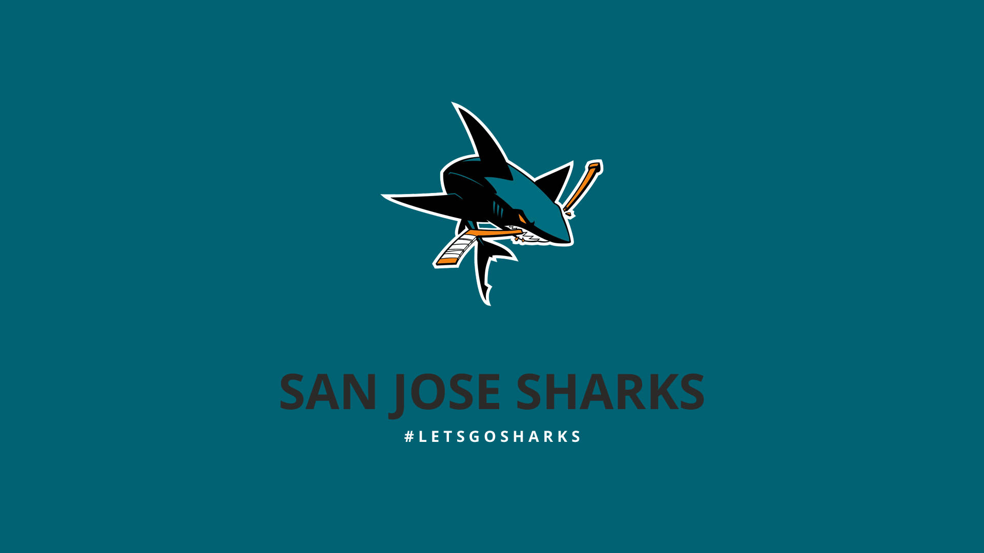 sharks 桌布 壁紙 — 一個光滑的黑色和藍綠色鯊魚標誌，手持曲棍球棒，背景為純藍綠色，下方有球隊文字。