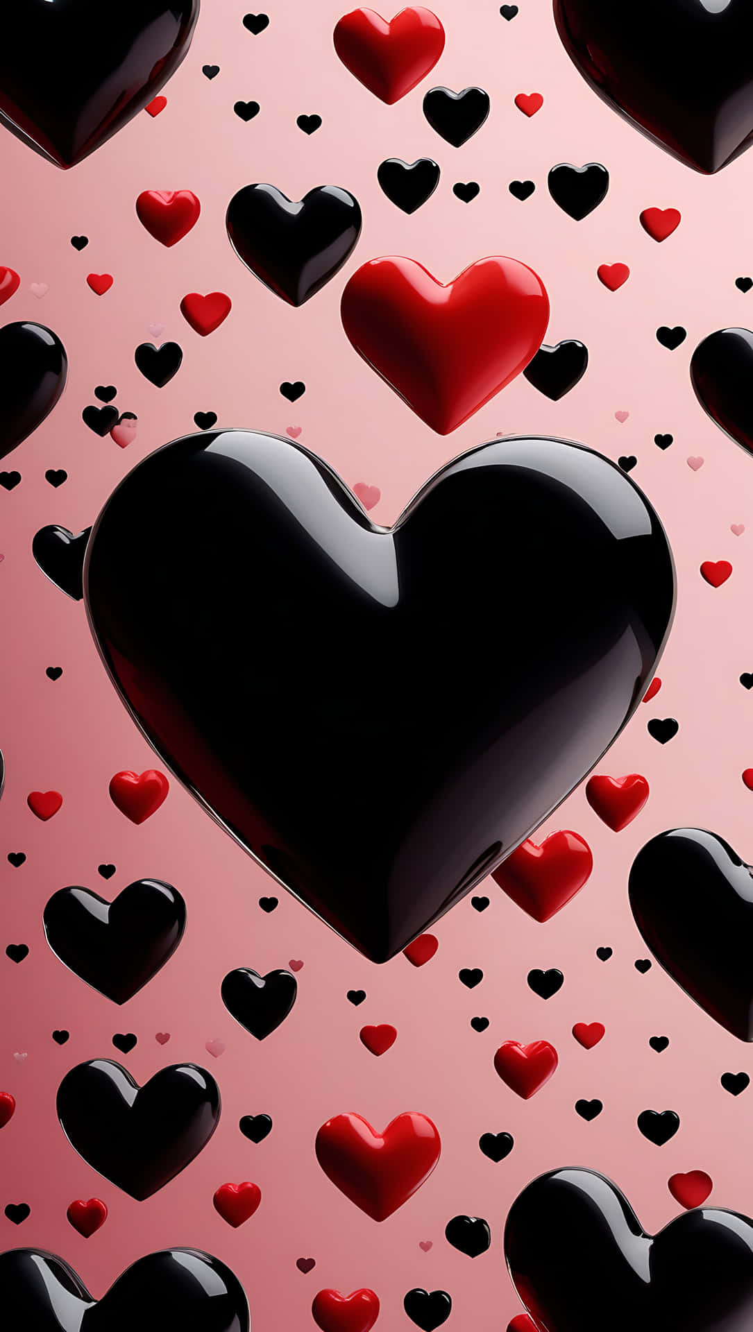 Black and Red Hearts – Elegant Valentine Aesthetic Wallpaper 壁紙 — 一個光滑的黑色心形主導著柔和的粉紅色背景，上面散落著較小的紅色和黑色心形。