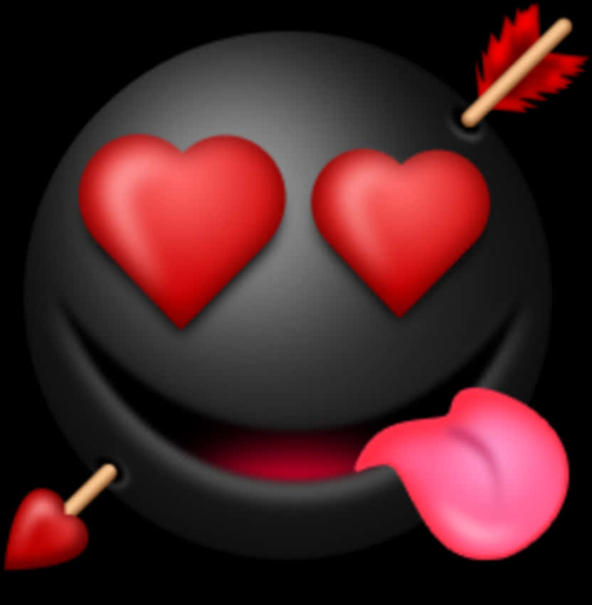 Love Emoji 桌布 壁紙 — 一個光滑的黑色炸彈，有心形眼睛和伸出舌頭，被紅色箭頭刺穿，背景為深色。