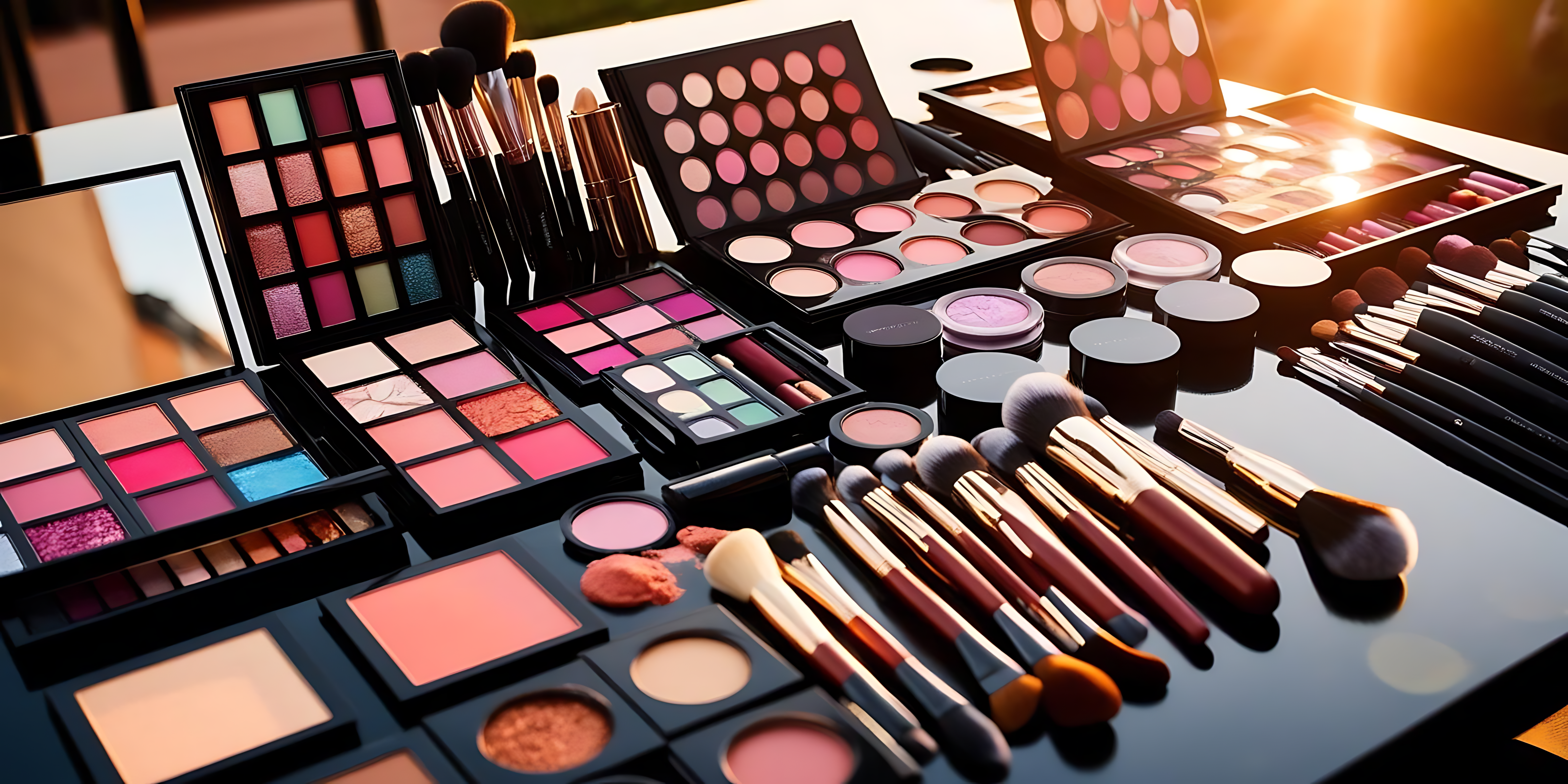 Cosmetics 桌布 壁紙 — 一個光滑的黑色表面上展示了一系列打開的化妝盤和刷子，沐浴在溫暖的金色陽光中。