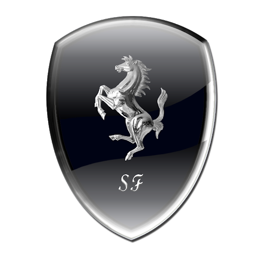 Ferrari Logo 桌布 壁紙 — 一個光滑盾牌上帶有SF字母的時尚銀色躍馬標誌，背景為深色漸變。
