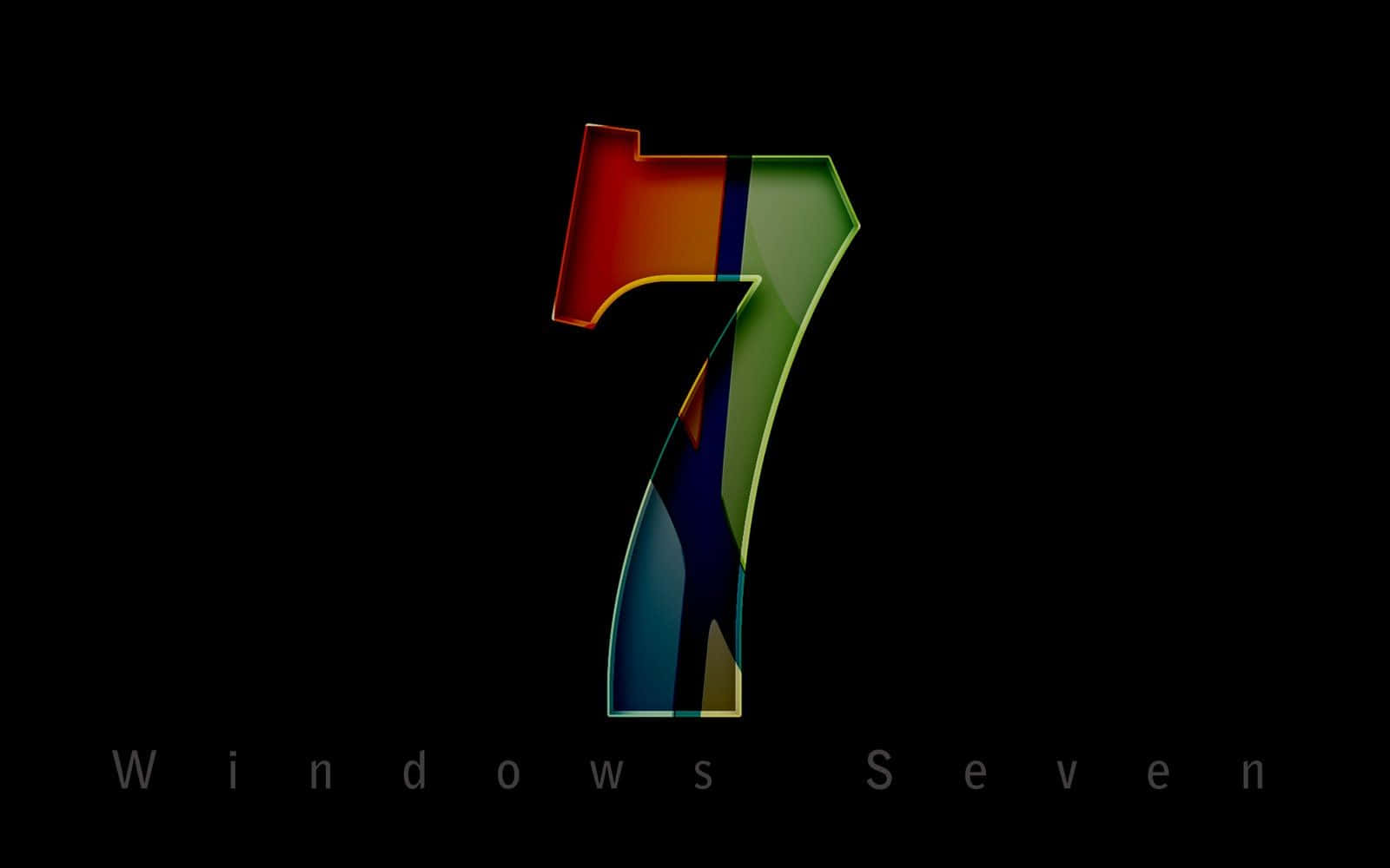 Number 7 桌布 壁紙 — 一個光澤多彩的數字七標誌在黑色背景上發光，下方有「Windows Seven」文字。