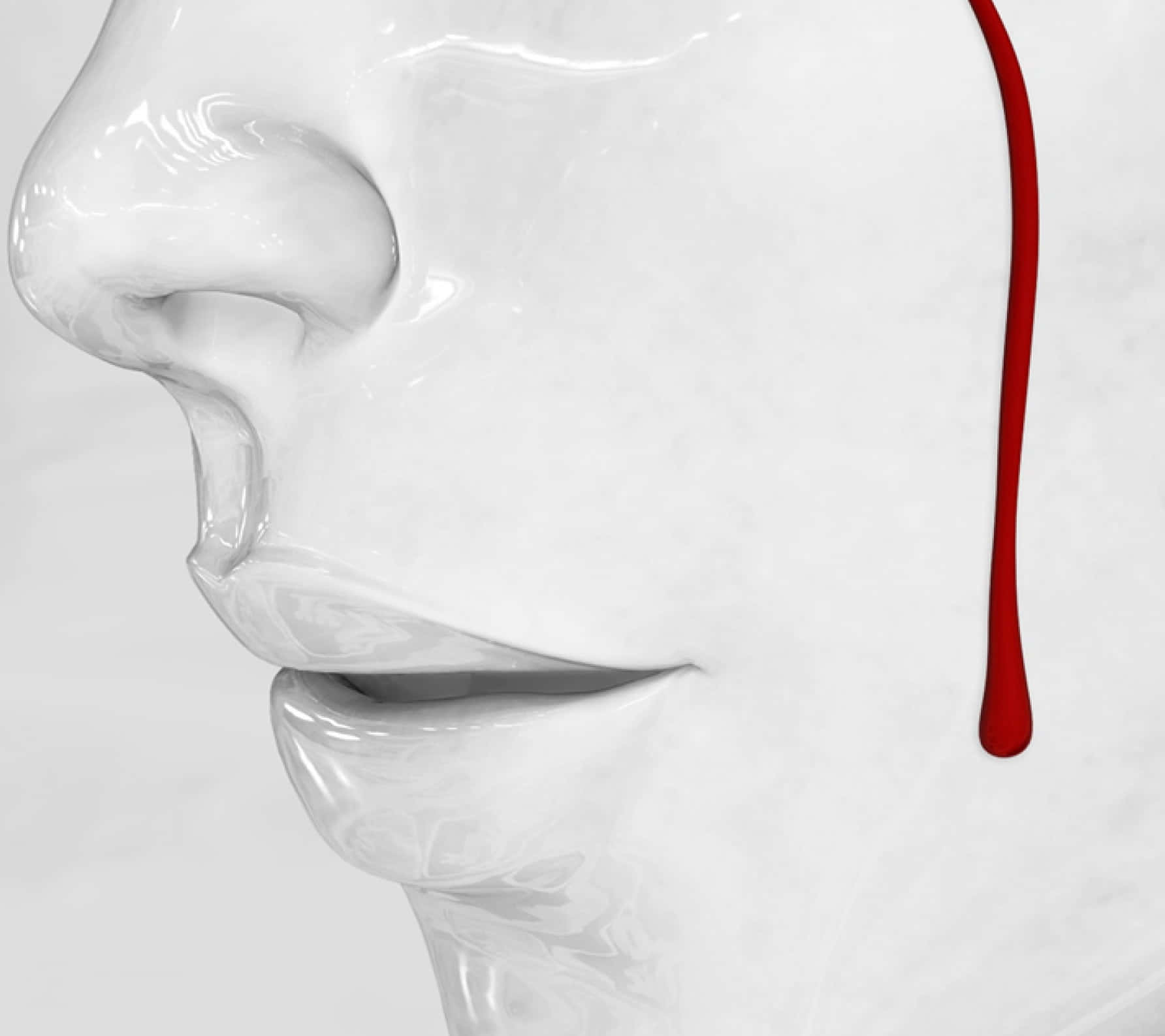 Blood 桌布 壁紙 — 一個光澤白色雕塑側臉，單一鮮紅水滴沿臉頰滑落。