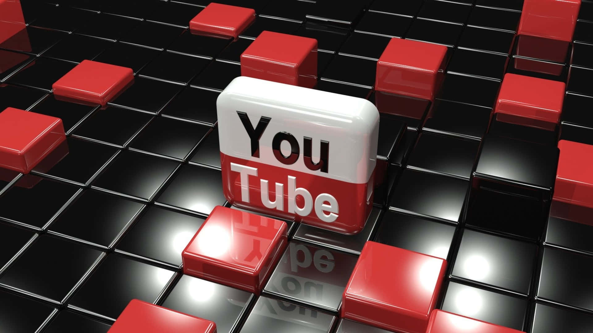 YouTube Cover 桌布 壁紙 — 一個光澤的3D YouTube標誌方塊在數位網格中的紅色和黑色瓷磚立方體中脫穎而出。