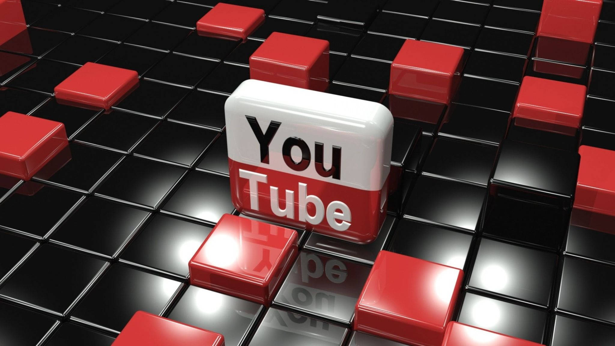 Internet 桌布 壁紙 — 一個光澤的3D YouTube標誌方塊在數位網格中的紅色和黑色瓷磚立方體中脫穎而出。