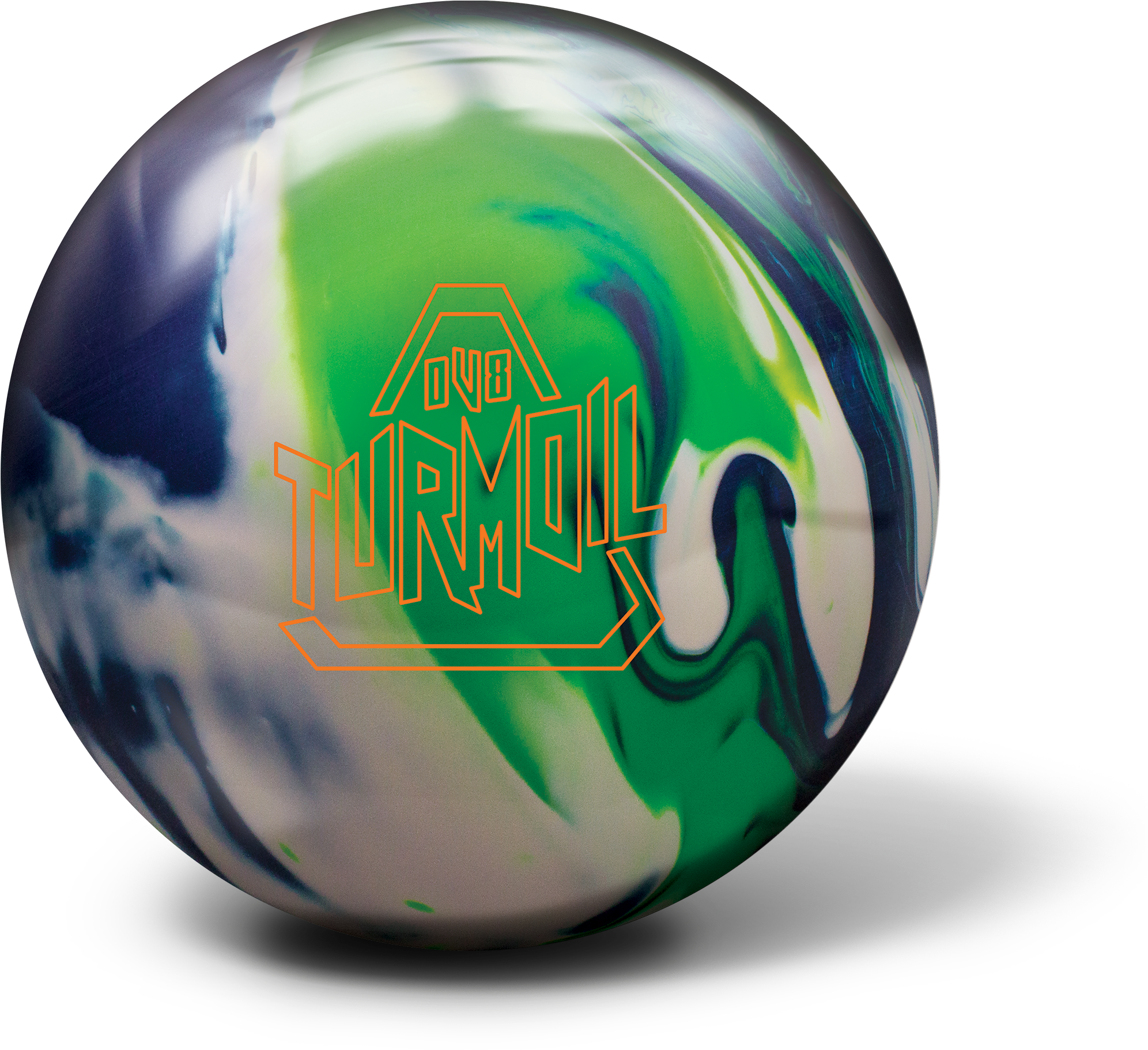 Bowling Ball 桌布 壁紙 — 一個光澤的保齡球，帶有旋轉的綠色、藍色和白色圖案，以及黑色背景上的橙色輪廓文字。