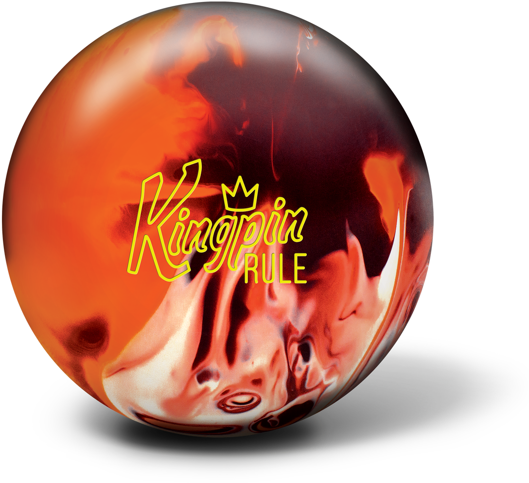Bowling Ball 桌布 壁紙 — 一個光澤的保齡球，帶有火熱的橙色和紅色漩渦，以及黃色 'Kingpin Rule' 文字，背景為黑色。
