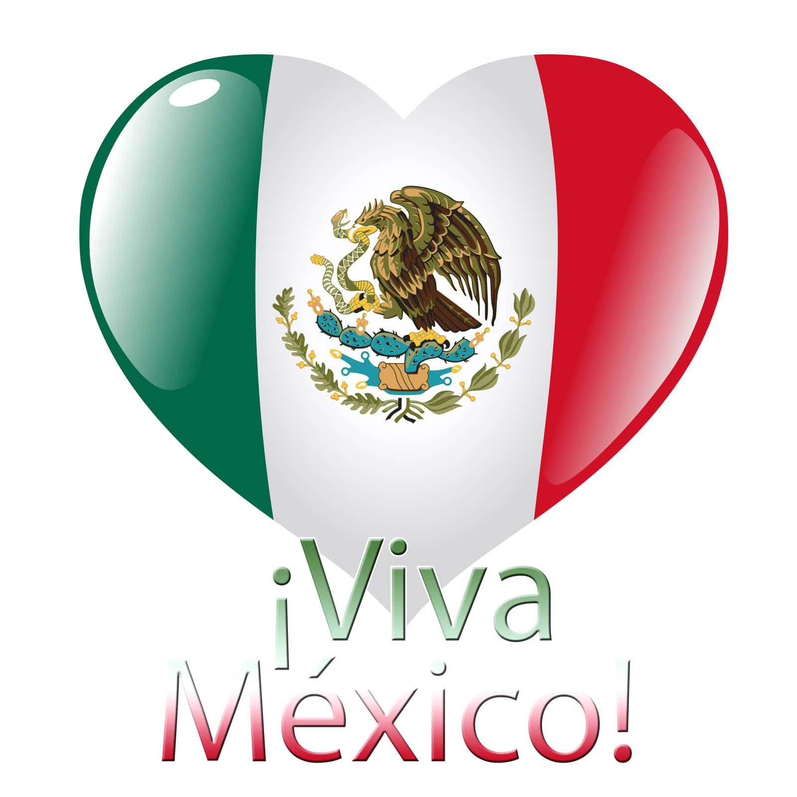 Viva Mexico 桌布 壁紙 — 一個光澤的心形，形狀像墨西哥國旗，帶有鷹和蛇的標誌，下方有「¡Viva México!」文字。