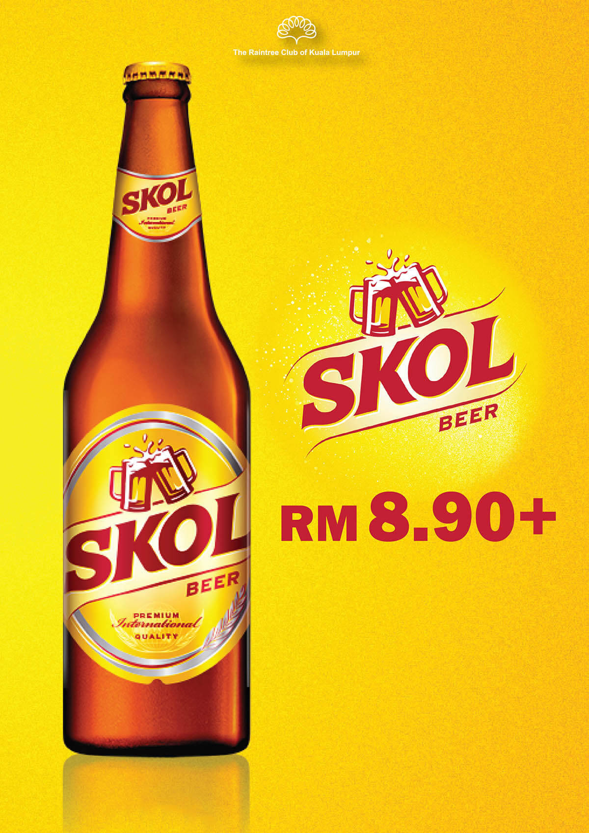 Beer 桌布 壁紙 — 一個光澤的琥珀色Skol啤酒瓶立在鮮黃色背景上，帶有醒目的紅色品牌標誌和價格標籤。