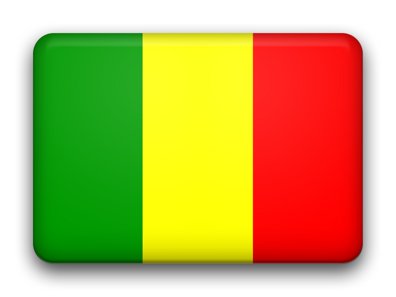Mali 桌布 壁紙 — 一個光澤的矩形按鈕，在黑色背景上顯示馬里國旗，帶有綠色、黃色和紅色的垂直條紋。