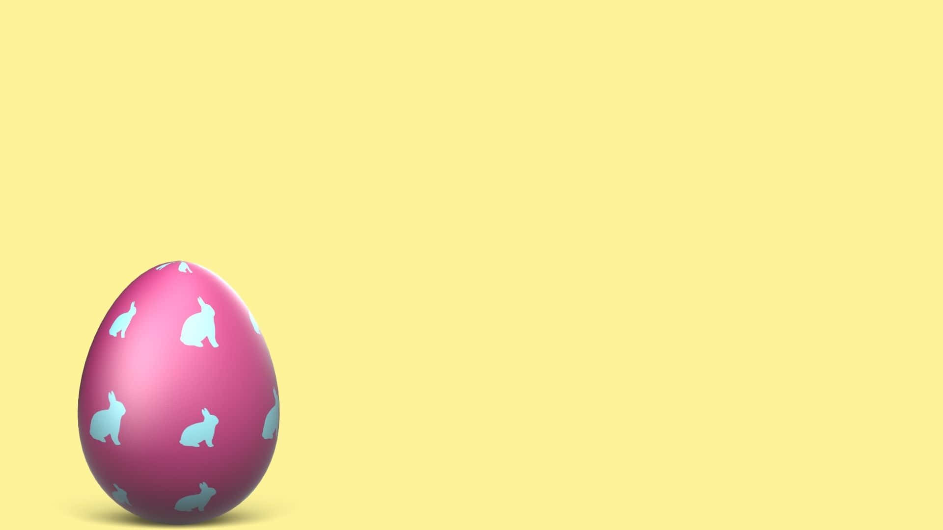 Easter Egg 桌布 壁紙 — 一個光澤的粉紅色復活節蛋，裝飾著白色兔子剪影，放在純黃色背景上。
