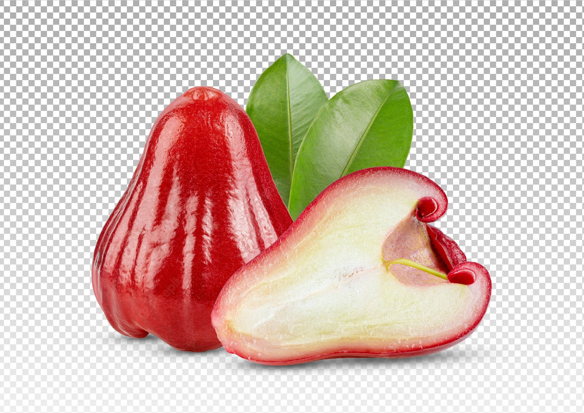 Fruits 桌布 壁紙 — 一個光澤的紅色玫瑰蘋果，切開一半露出淡色果肉和綠葉，背景透明。
