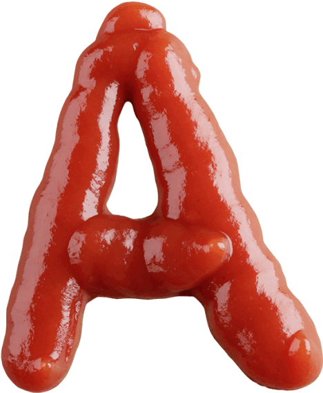 ketchup 桌布 壁紙 — 一個光澤的紅色番茄醬字母A，形狀像被擠出的調味品滴，在 stark 黑色背景上。