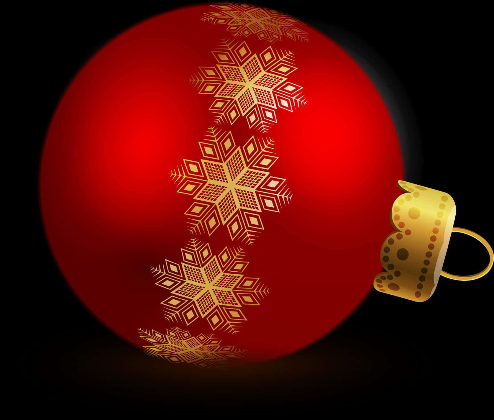 Decorations 桌布 壁紙 — 一個光澤的紅色聖誕裝飾，帶有金色雪花圖案和金色絲帶掛鉤，背景為黑色。