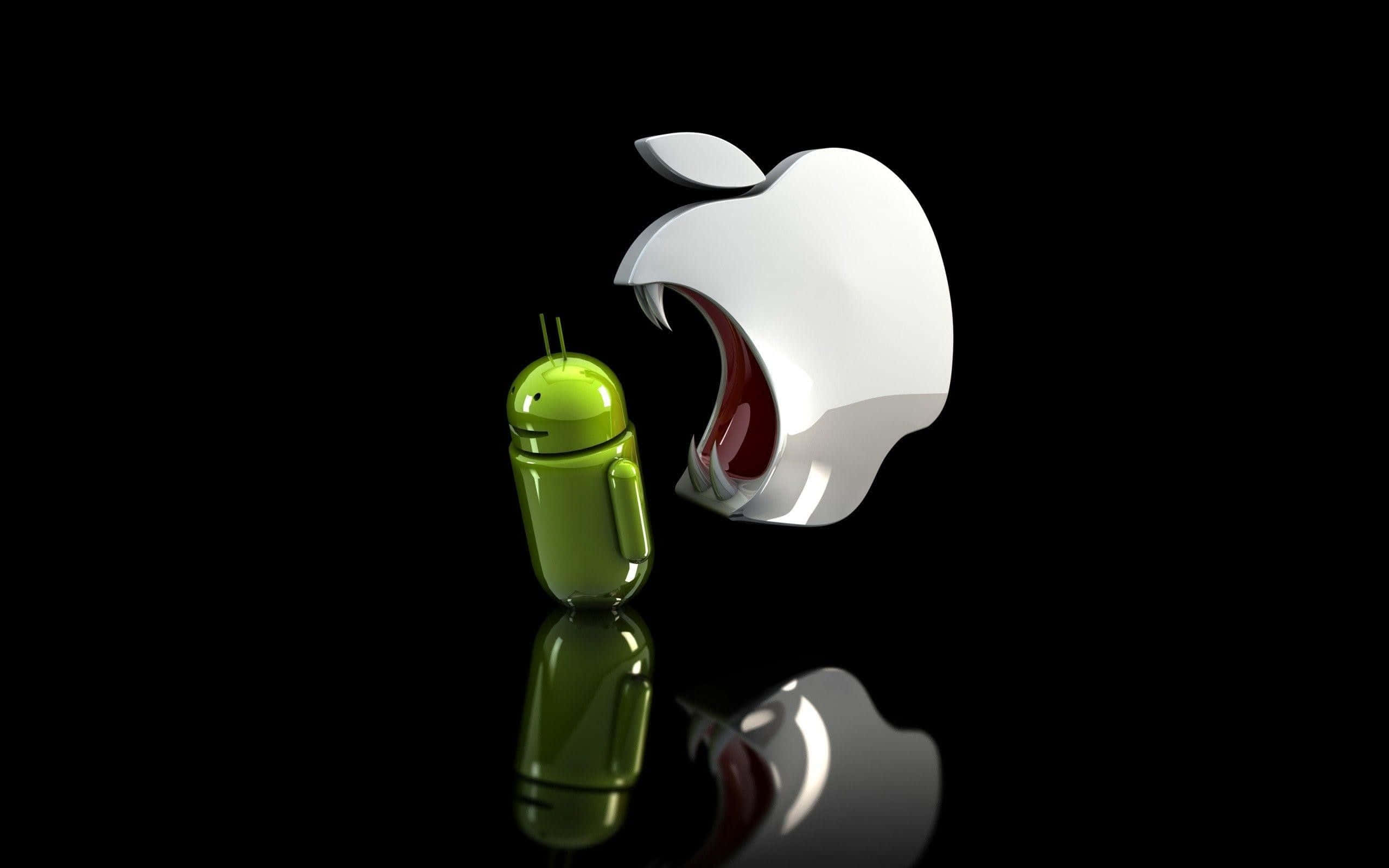 HD Apple 桌布 壁紙 — 一個光澤的綠色Android機器人站在一個張開嘴巴、帶有威脅性的白色Apple標誌前，背景是黑色反光表面。