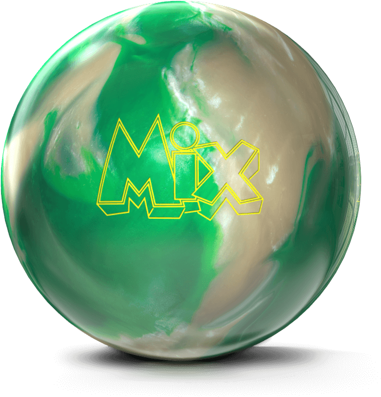 Bowling Ball 桌布 壁紙 — 一個光澤的綠色和米色大理石紋保齡球，帶有粗體黃色輪廓的「Mix」標誌，背景為黑色。
