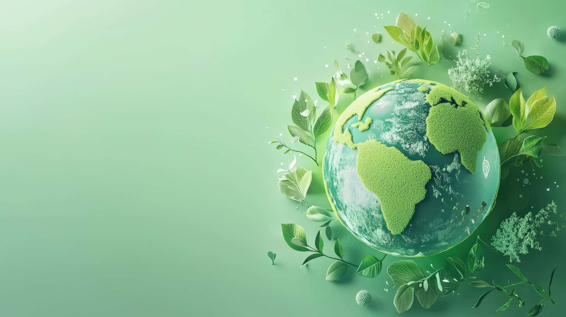 Green Earth with leaves symbolizing sustainability 壁紙 — 一個光澤的綠色地球儀，被新鮮的葉子和嫩芽環繞，背景是柔和的薄荷色。