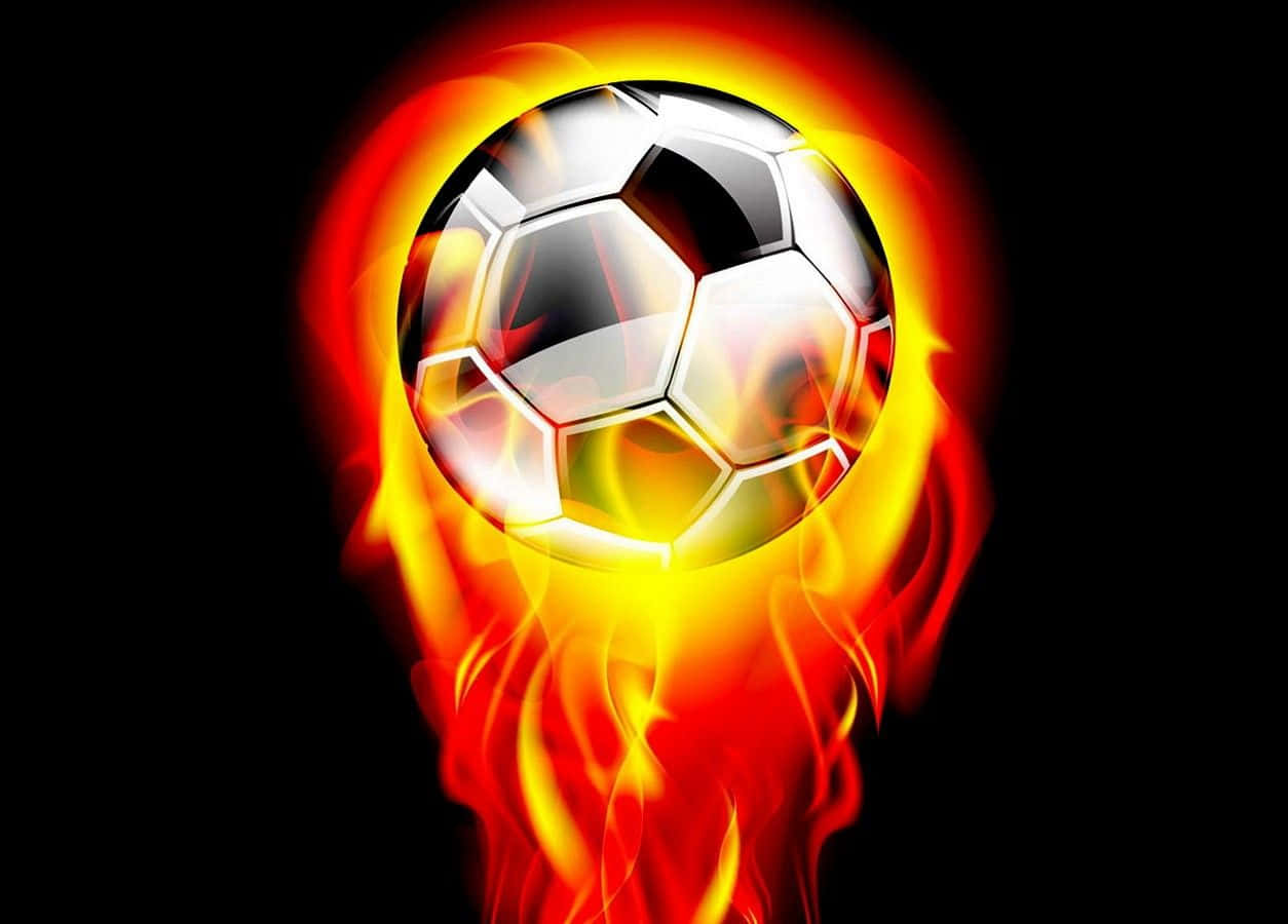 Football On Fire 桌布 壁紙 — 一個光澤的足球被鮮豔的橙色和黃色火焰包圍，在 stark 黑色背景上。
