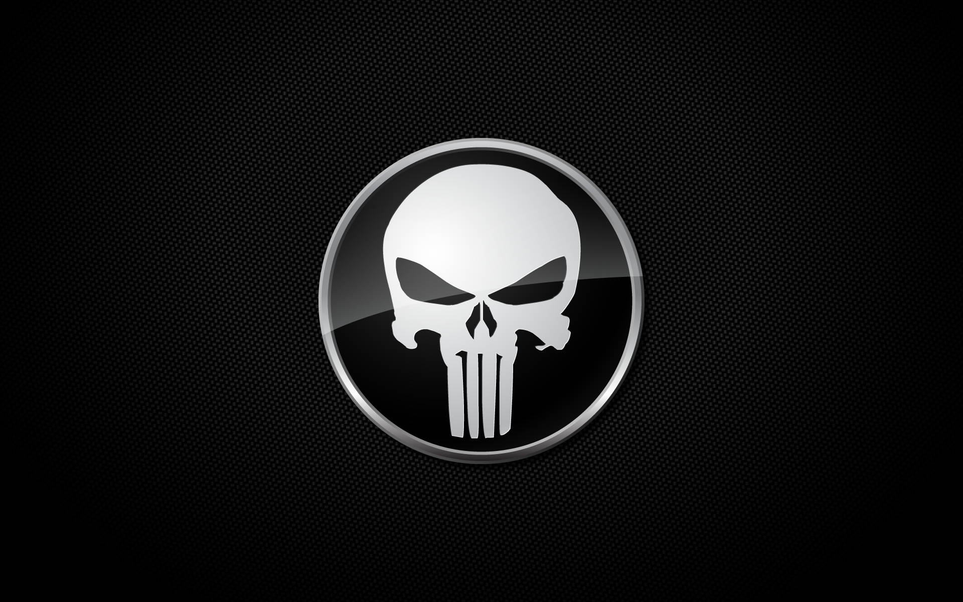 Punisher Logo 桌布 壁紙 — 一個光澤的銀色骷髏標誌，帶有三條垂直條紋，居中在黑色紋理背景上。