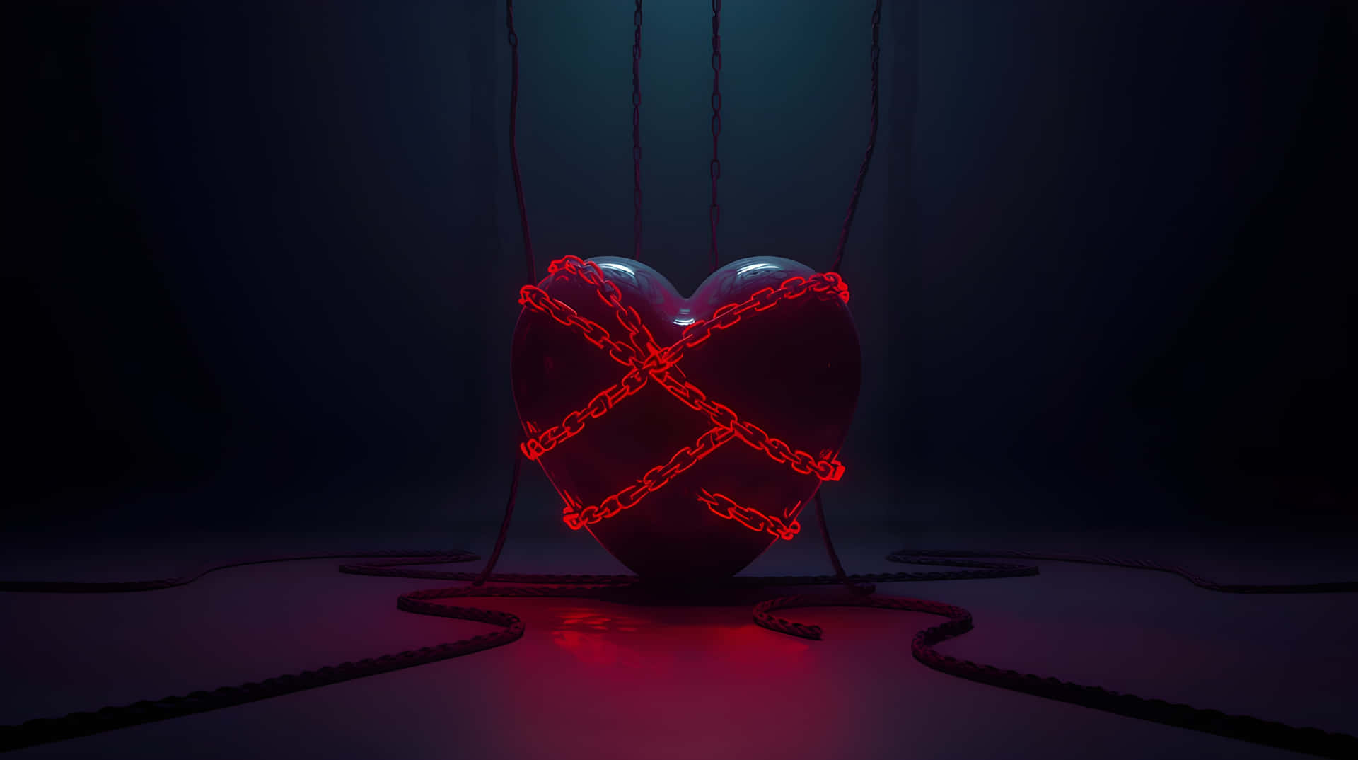 Dark Romantic Heart Bound with Shining Chains Wallpaper 壁紙 — 一個光澤的黑色心臟被鏈條懸掛並用發光的紅色霓虹燈鏈條束縛在黑暗的房間中。