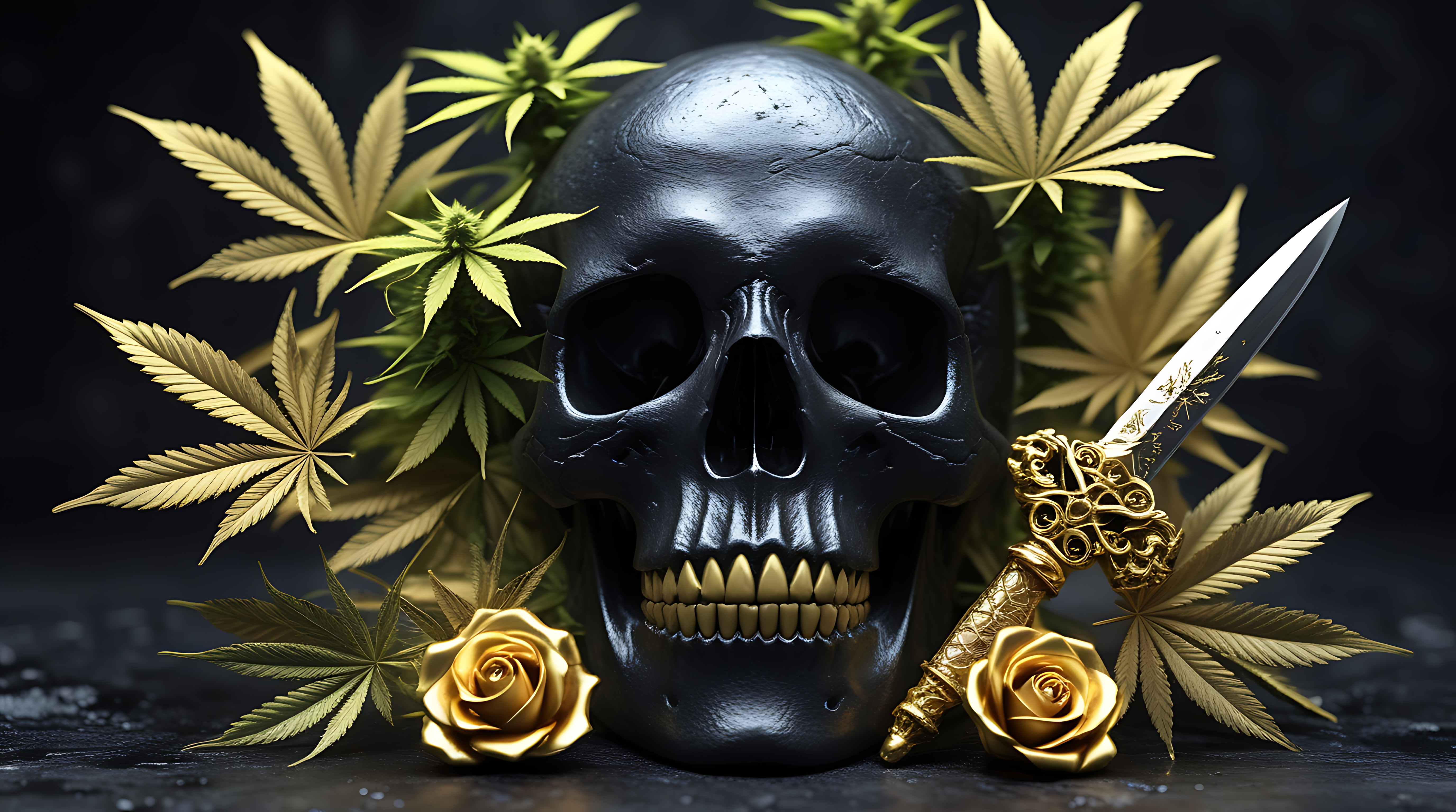 head 桌布 壁紙 — 一個光澤的黑色頭骨，周圍環繞著金色大麻葉和玫瑰，旁邊放著一把華麗的匕首。