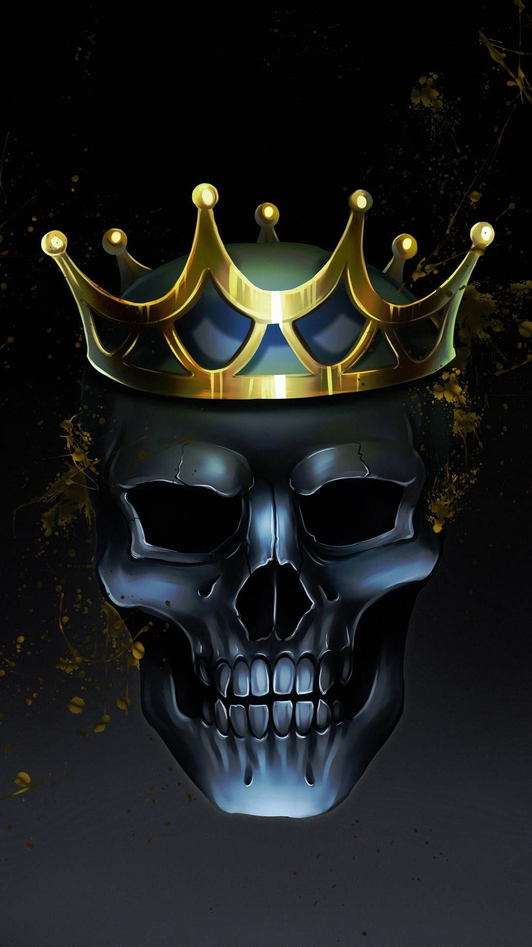 king iPhone 桌布 壁紙 — 一個光澤的黑色頭骨，戴著閃閃發光的金色皇冠，背景為深色，帶有金色飛濺。