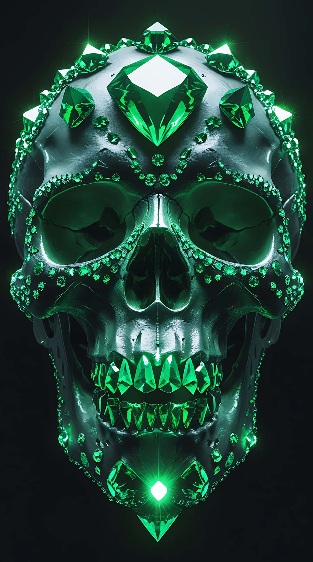Crystal-Encrusted Skull with Enchanting Green Glow. smartphone wallpaper 壁紙 — 一個光澤的黑色頭骨，飾有發光的綠色寶石和水晶，背景為深色。