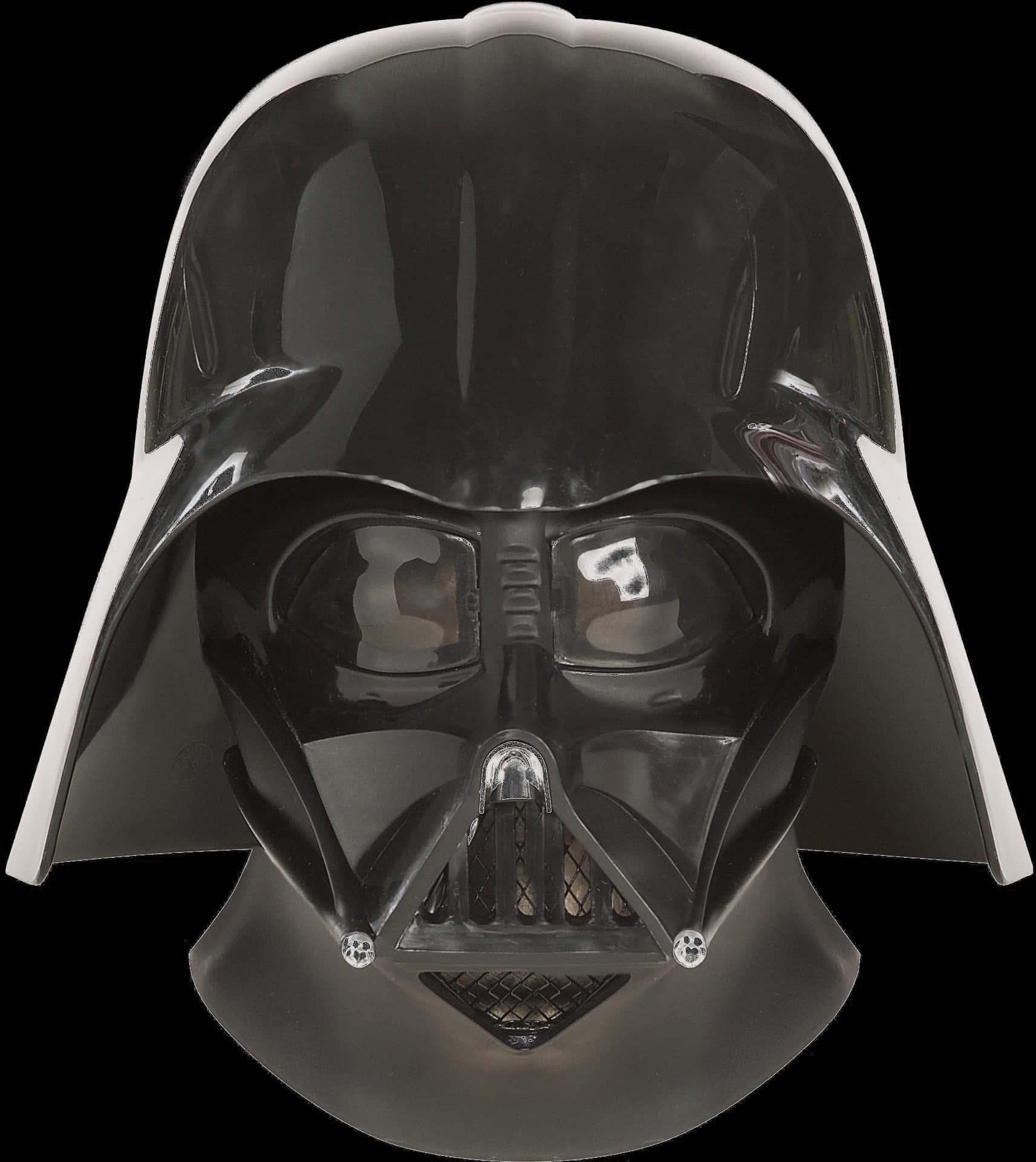 星際大戰 桌布 壁紙 — 一個光澤黑色Darth Vader頭盔，帶有白色點綴和反光面罩，背景為純黑色。