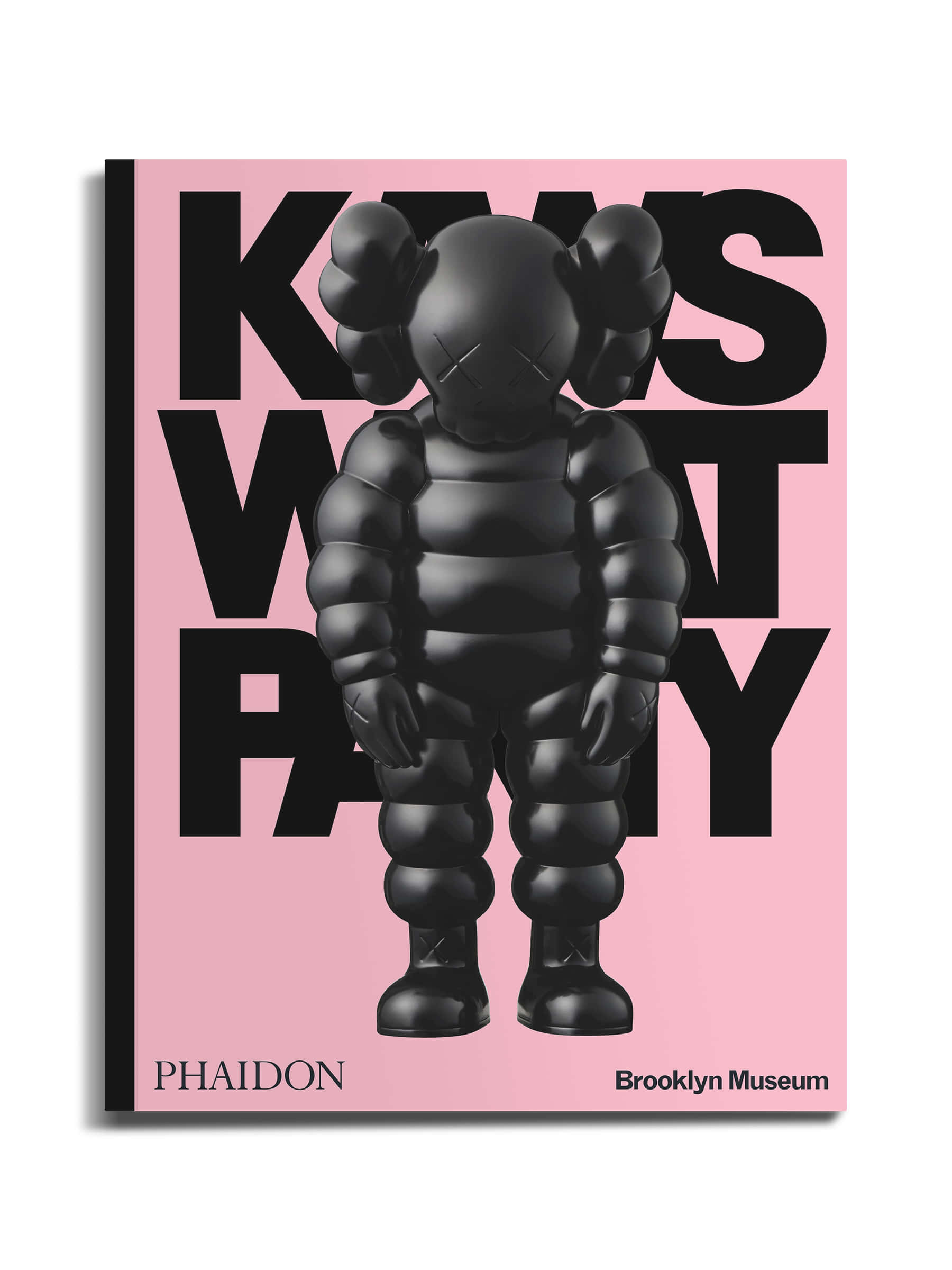 KAWS 桌布 壁紙 — 一個光澤黑色KAWS Companion公仔站在大膽的粉紅色背景上，帶有大型黑色文字「KAWS WHAT PARTY」。
