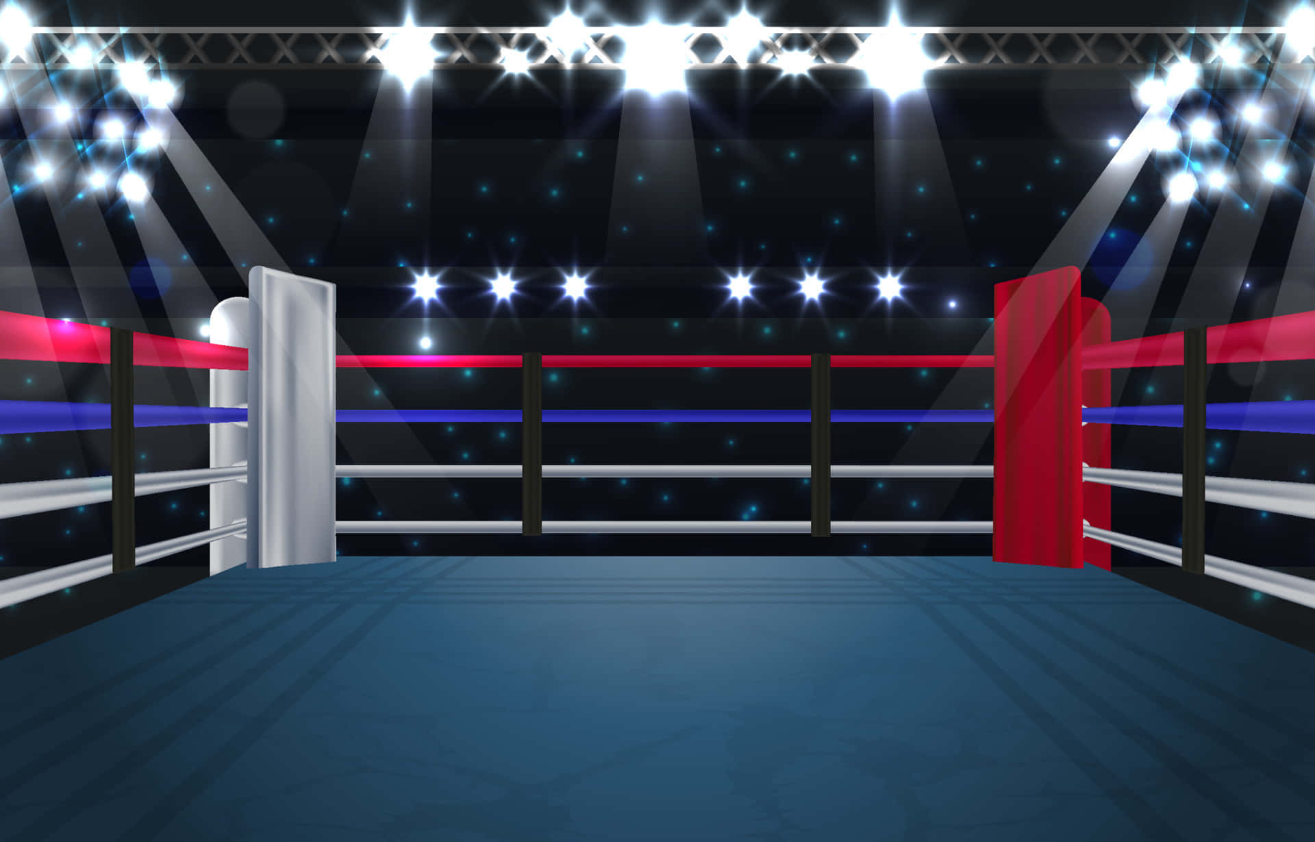Boxing Ring 桌布 壁紙 — 一個光線明亮的拳擊擂台，在戲劇性的聚光燈下，配有紅色和藍色繩索以及深藍色帆布。