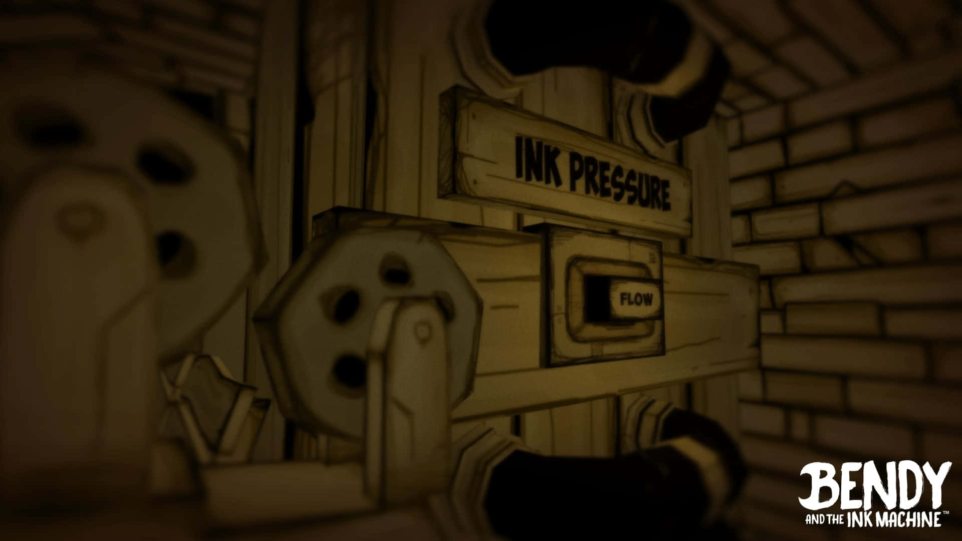 Bendy 桌布 壁紙 — 一個光線昏暗、懷舊棕色調的工業控制面板，上面有 'INK PRESSURE' 和 'FLOW' 標籤，設置在風格化的卡通遊戲場景中。
