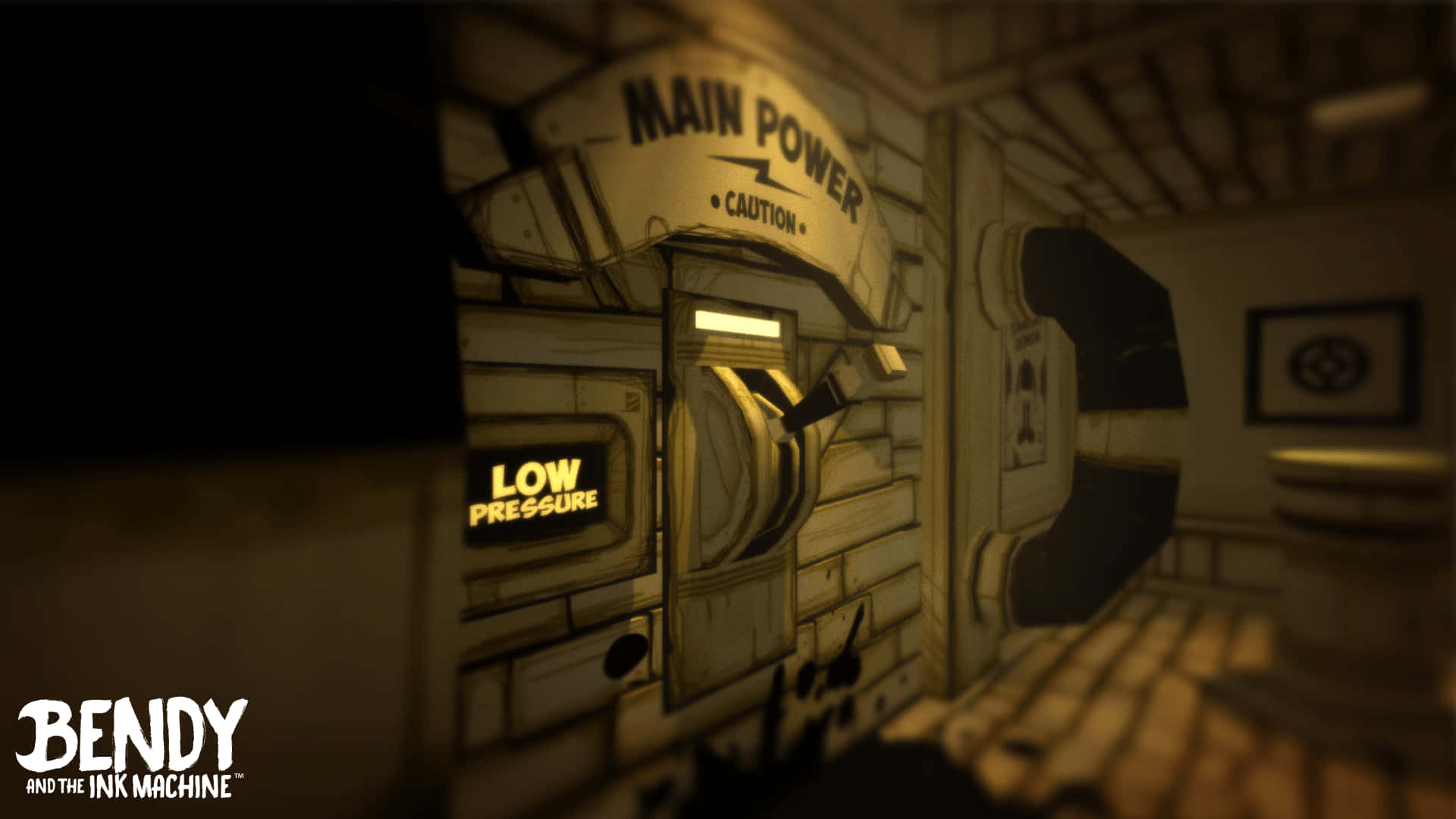 Game Art 桌布 壁紙 — 一個光線昏暗、手繪的工業房間，帶有發光的「MAIN POWER」面板和「LOW PRESSURE」標誌。