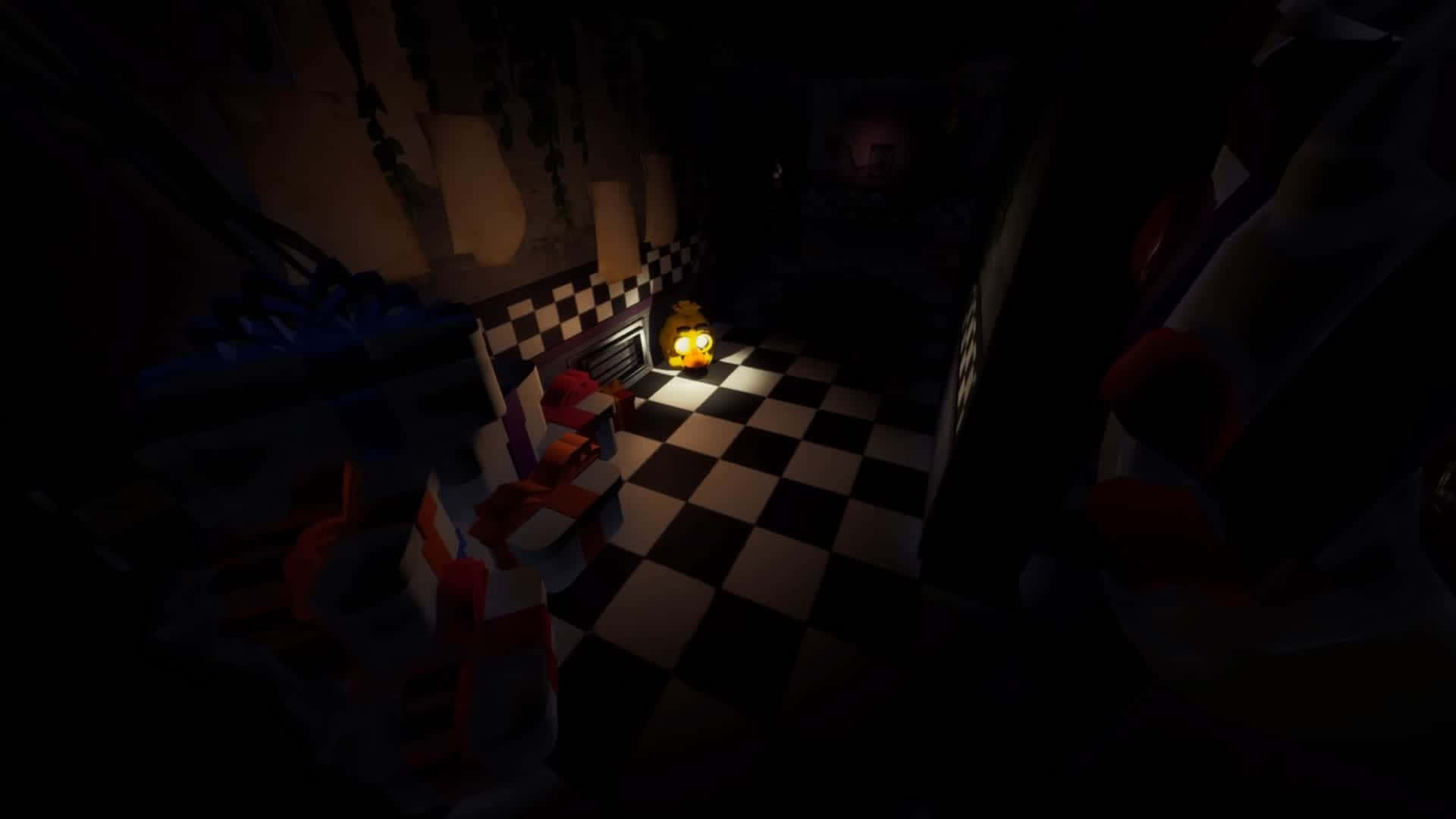 Fazbear Frights 桌布 壁紙 — 一個光線昏暗的房間，地板是棋盤格圖案，由一盞發光的燈籠照亮，投射出詭異的陰影。
