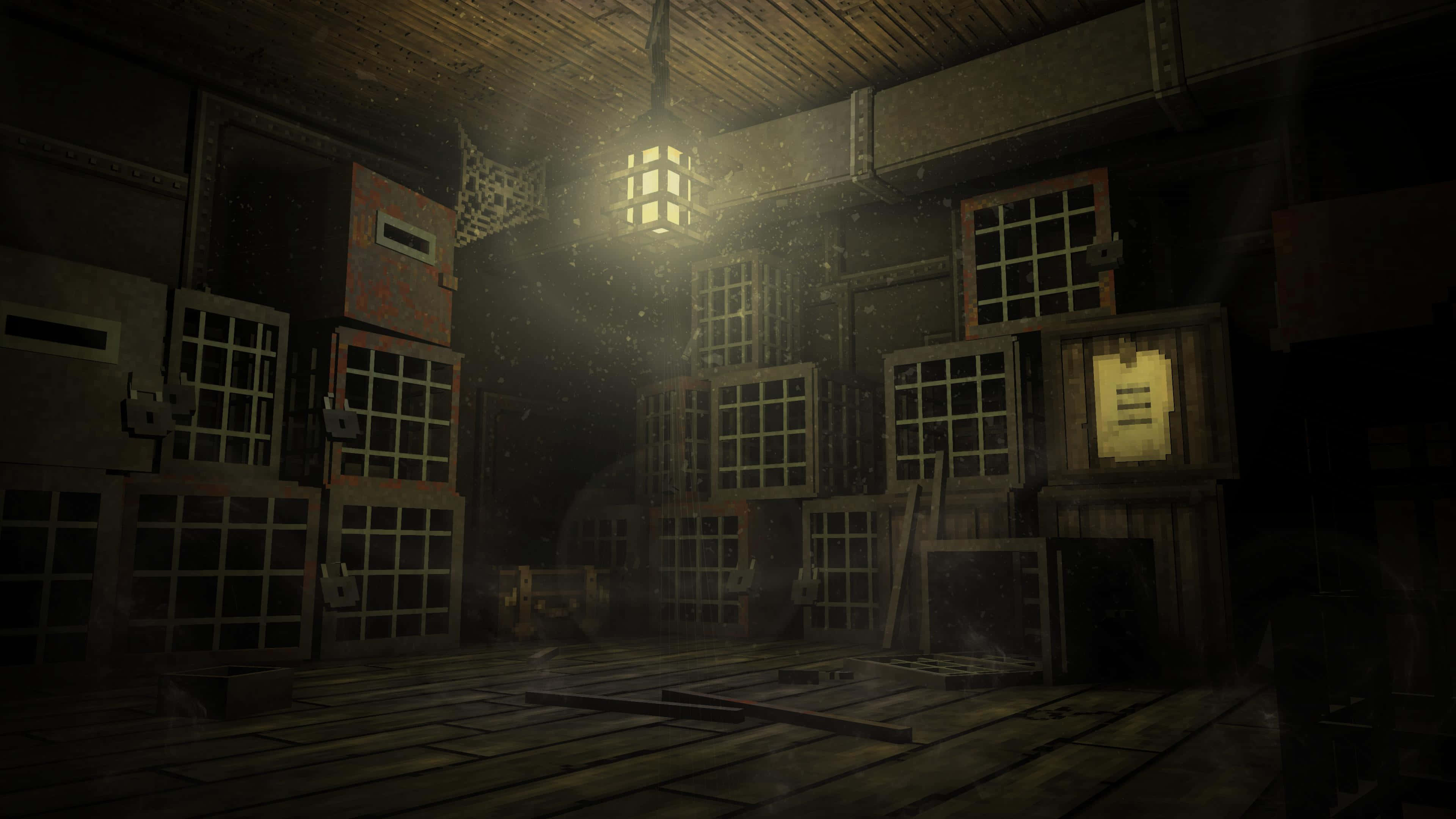 Little Nightmares 4K 桌布 壁紙 — 一個光線昏暗的木製房間，堆滿了木箱，一個懸掛的燈籠透過漂浮的灰塵投射出溫暖的光芒。