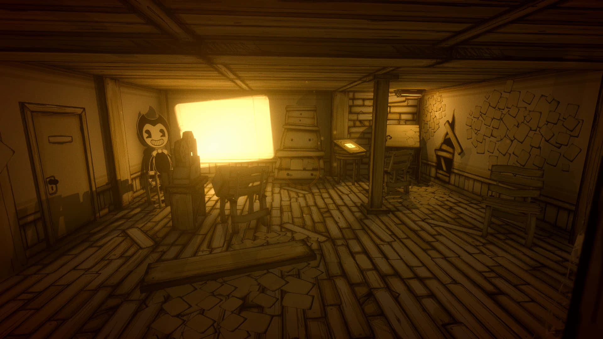 bendy and the ink machine 桌布 壁紙 — 一個光線昏暗的木製房間，有一扇發光的窗戶和一個卡通人物剪影在牆上投下陰影。