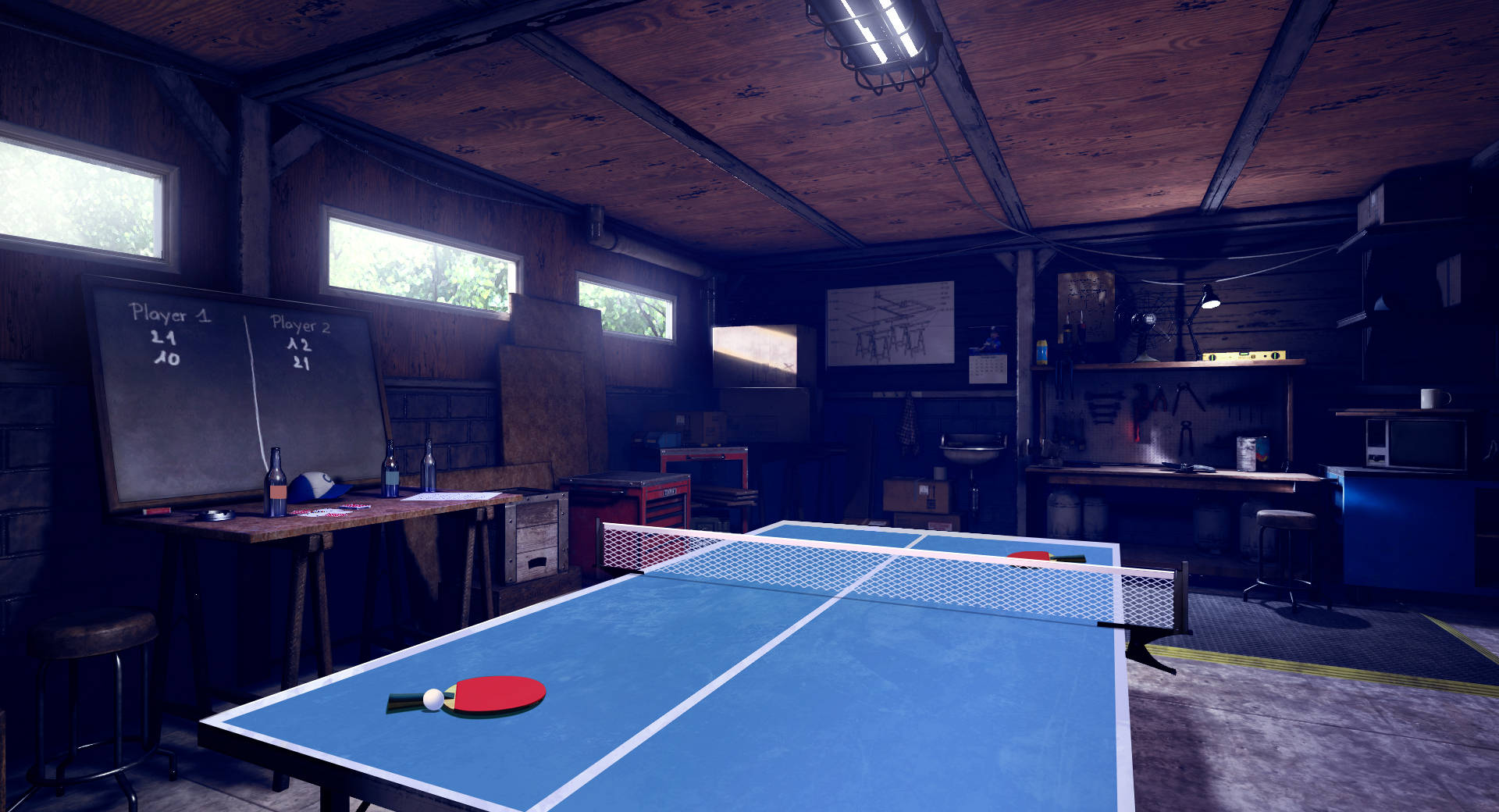 Table Tennis 桌布 壁紙 — 一個光線昏暗的木質地下室，在螢光燈下有一張藍色乒乓球桌，配有球拍和球。