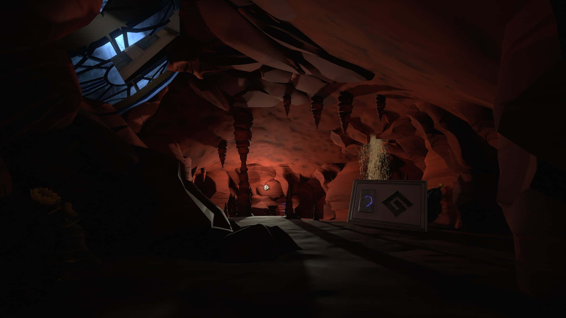 Game Art 桌布 壁紙 — 一個光線昏暗的洞穴，有紅色岩層和上方窗戶透出的發光藍光。