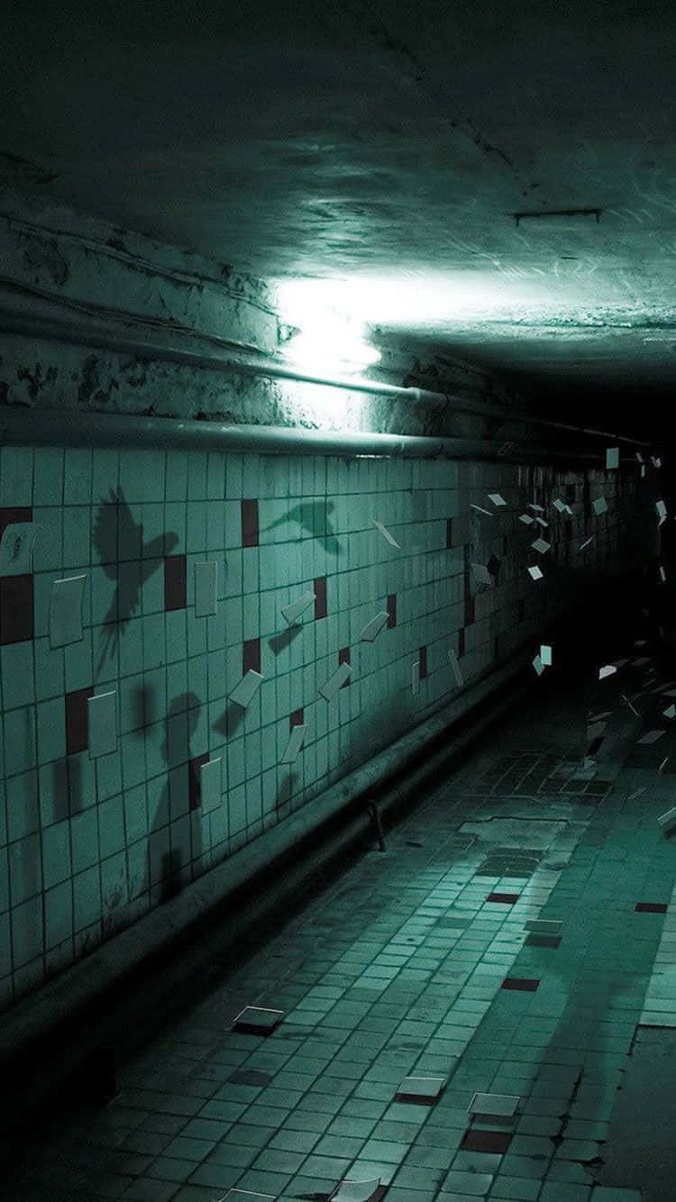 Spooky iPhone 桌布 壁紙 — 一個光線昏暗的被遺棄地鐵隧道，裂開的瓷磚牆壁和地板由單一懸掛的燈泡照亮，投射出詭異的陰影。