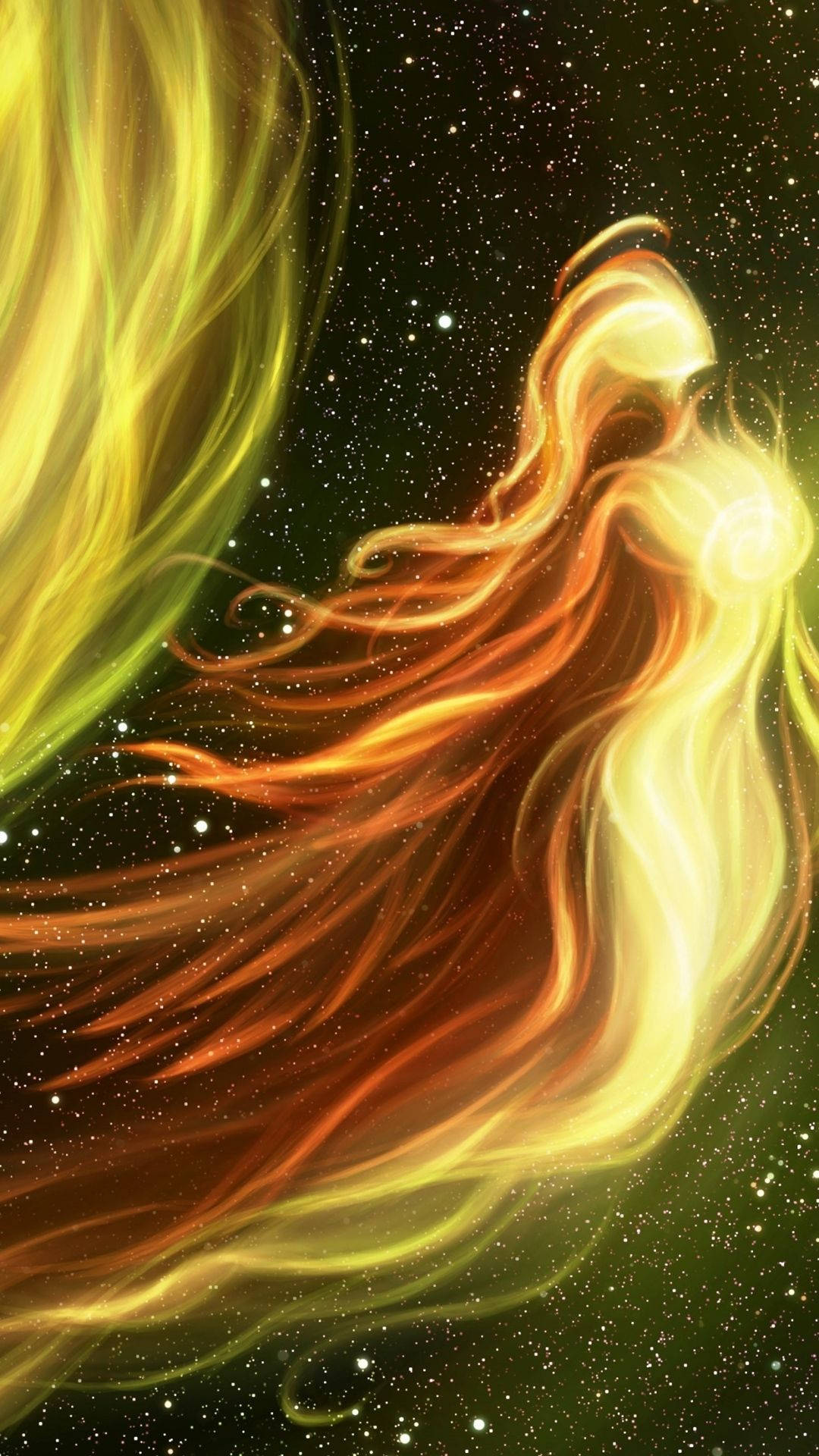 Fire Girl 桌布 壁紙 — 一個光芒四射、飄逸著金色和橙色頭髮的虛幻人物，在繁星點點的宇宙虛空中漂流。