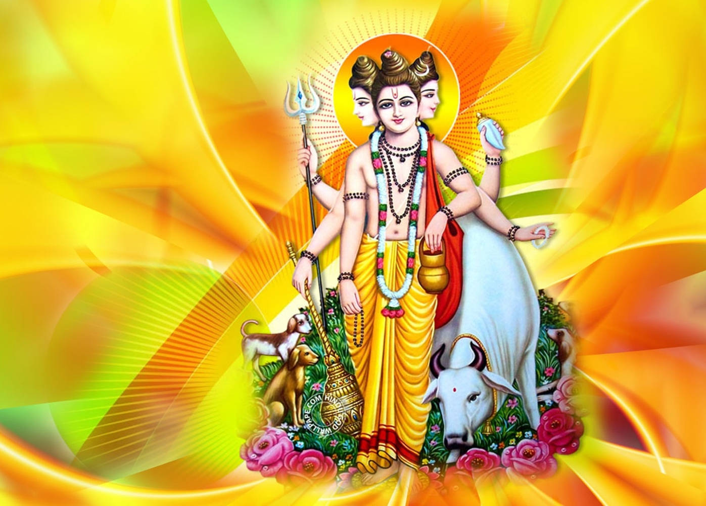 Dattatreya 桌布 壁紙 — 一個光芒四射的三面印度教神祇，有多隻手臂，站在一頭白色公牛上，周圍環繞著鮮豔的黃色和綠色漩渦。