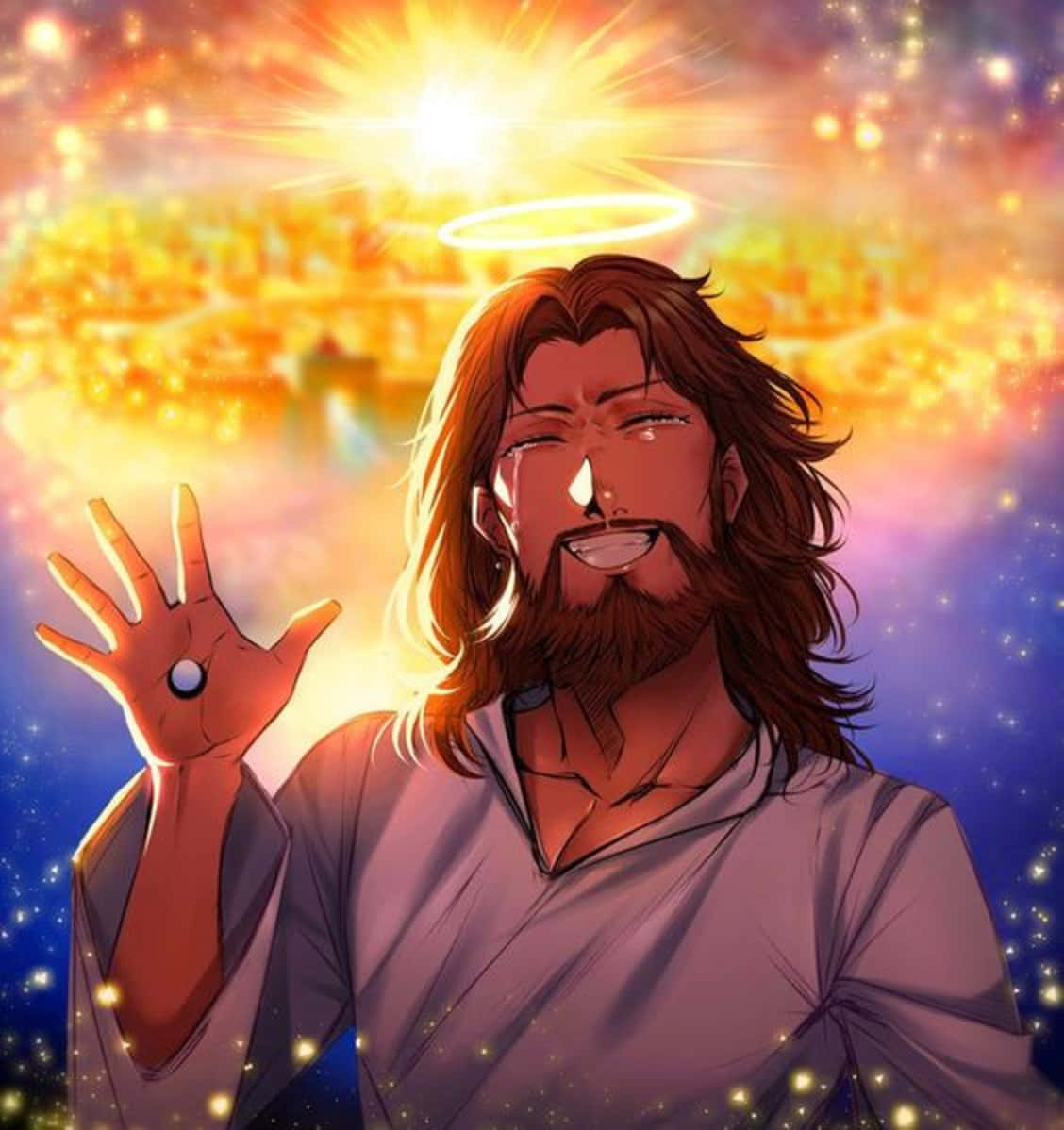 Cool Jesus 桌布 壁紙 — 一個光芒四射的動漫風格耶穌，帶有光環，在宇宙日落背景下含淚微笑。
