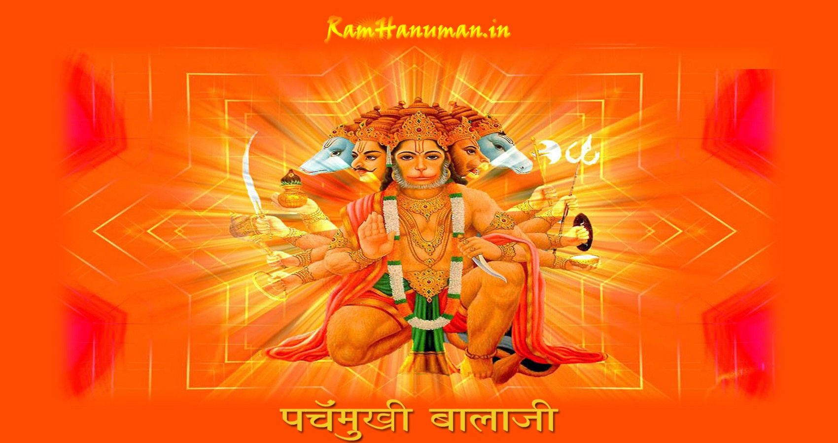 hanuman ji HD 桌布 壁紙 — 一個光芒四射的多臂哈努曼形象，帶有發光的橙色光環和幾何光圖案，背景是火熱的橙色。