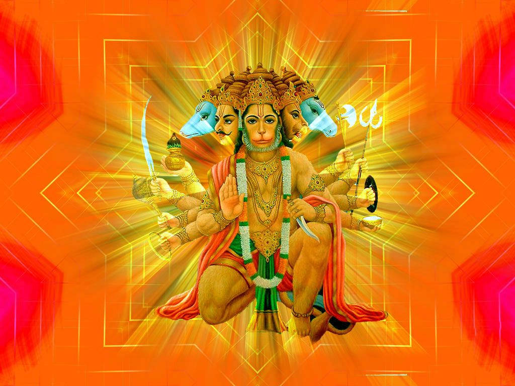 hanuman 4K HD 桌布 壁紙 — 一個光芒四射的多頭印度教神祇，多臂手持武器和象徵物，背景是發光的橙色和粉紅色幾何圖案。
