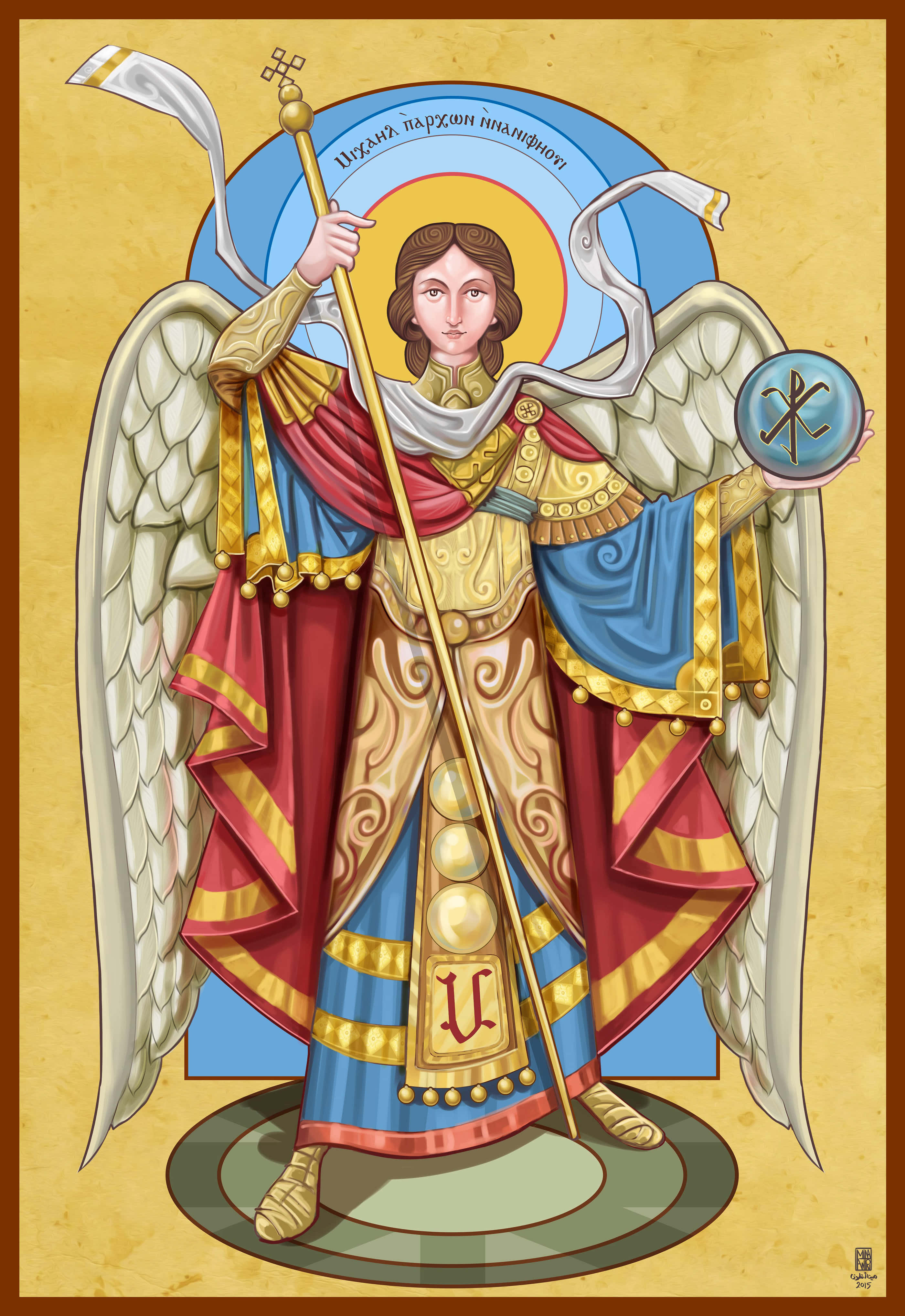 Saint Michael 桌布 壁紙 — 一個光芒四射的天使形象，擁有巨大的白色翅膀，手持權杖和盾牌，身穿華麗的紅、藍、金色長袍，背景為金色。