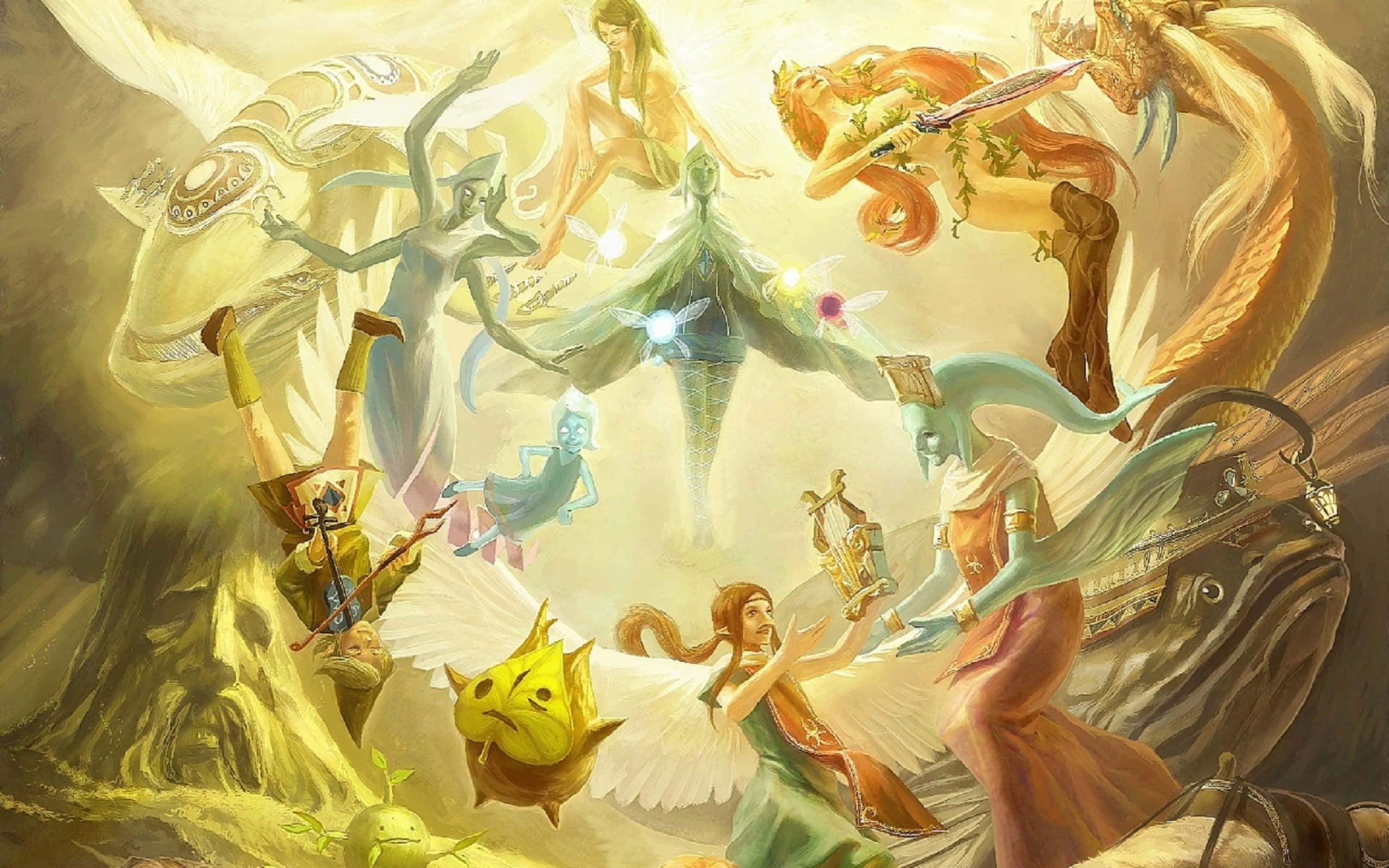 The Legend Of Zelda Characters 桌布 壁紙 — 一個光芒四射的奇幻場景，有翼生物和神話生物漂浮在發光的金色天空中。