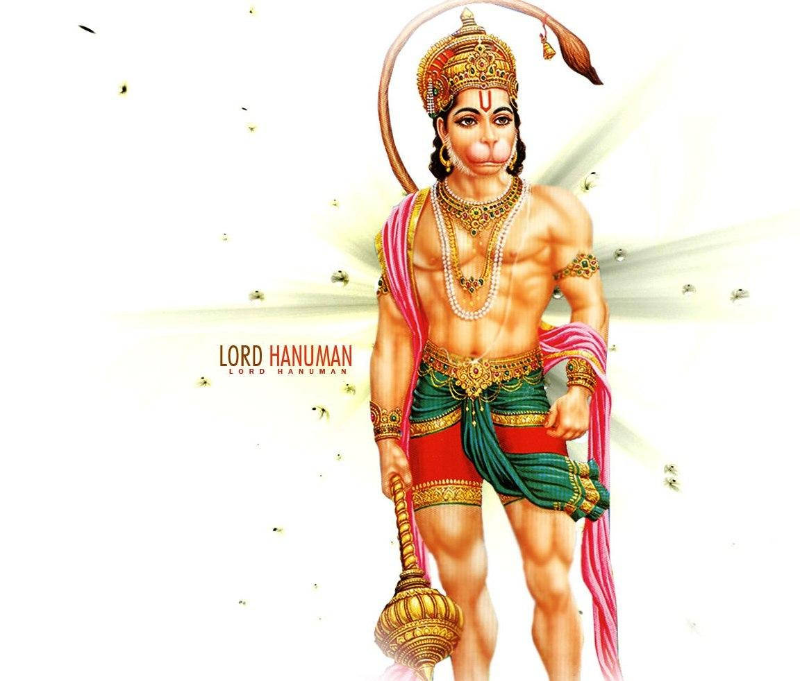 hanuman 4K HD 桌布 壁紙 — 一個光芒四射的插圖哈努曼勳爵以英雄姿態站立，手持一把飾有黃金和珠寶的狼牙棒，背景是發光的白色。